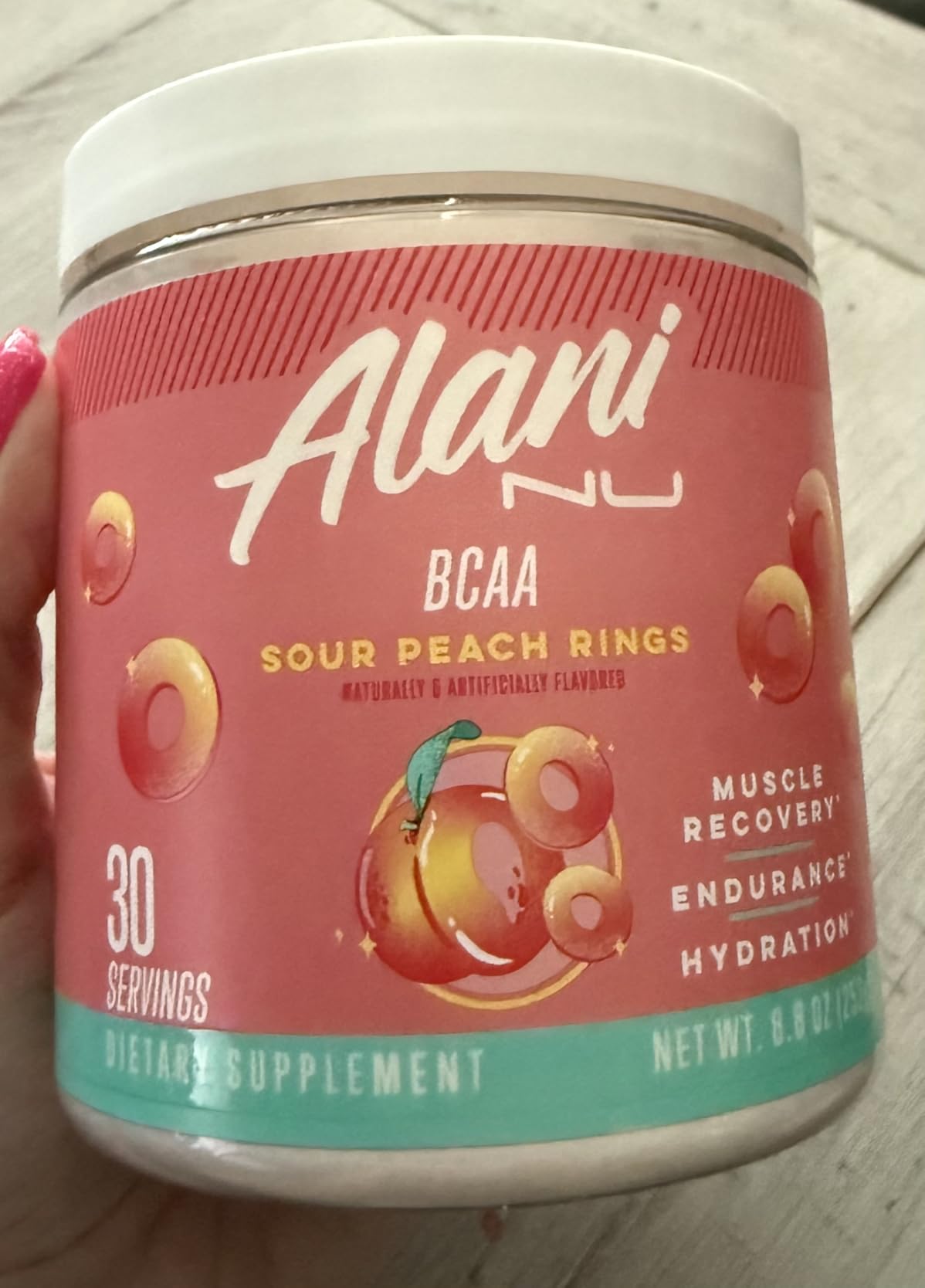 Alani Nu BCAA Sour Peach Ring | Branch Chain Essential Amino Acids | 2:1:1 Formula | Supplement Powder | Muscle Recovery Vitamins for Post-Workout | 30 Servings customer photo 2