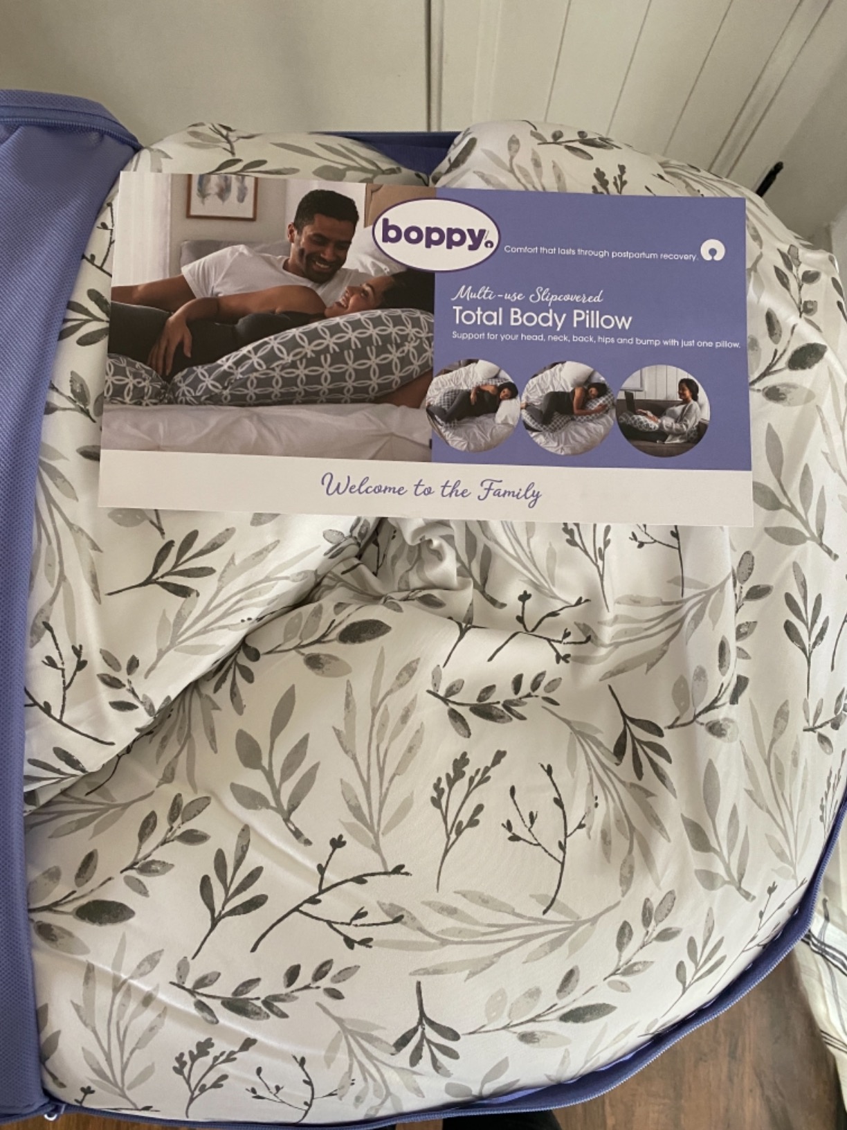 Boppy Total Body Pregnancy Pillow, Gray Scattered Leaves, Supportive Pregnancy Body Pillow for Versatile Full Body Use, Contoured Shape at All Stages customer photo 2
