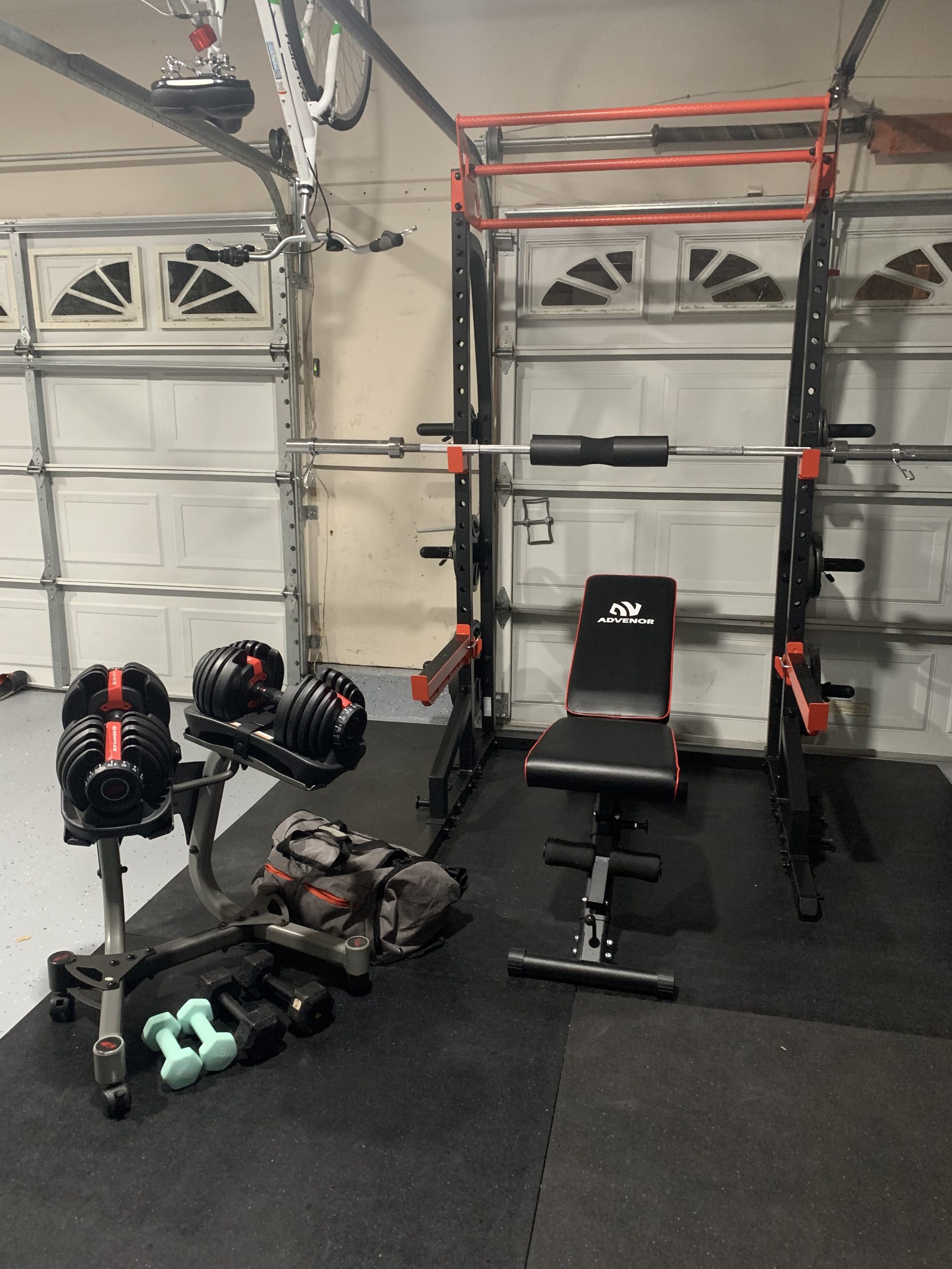 Sunny Health & Fitness Power Zone Half Rack Heavy Duty Performance Power Cage with J-Hooks, Adjustable Pull Up Bar Optional Bench with Dumbbell Rack, Premium Incline Bench, LAT Pull Down Attachment customer photo 1