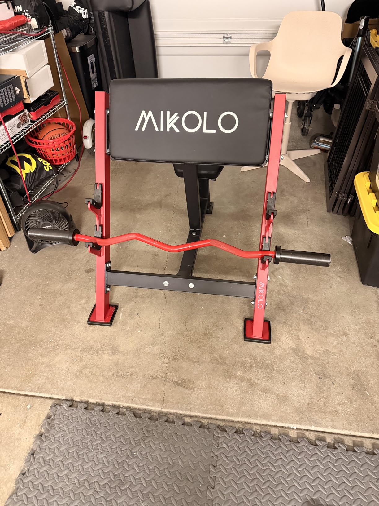 Mikolo Preacher Curl Bench, Seated Arm Isolated Barbell Dumbbell Bicep Station, Bicep Curl Machine with 2 Bar Holders for Home Gym customer photo 2