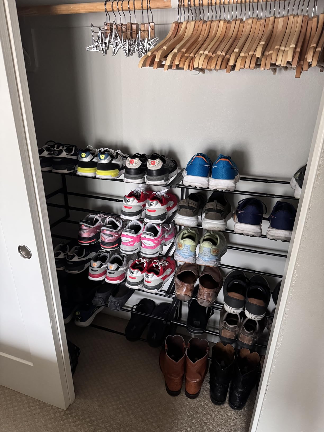2 Pack Wall Mounted Shoe Rack, 3 Tier Hanging Shoe Rack Holds 24 Pairs, Adjustable Heavy Duty Wall Shoe Storage with 4 Storage Hooks customer photo 1