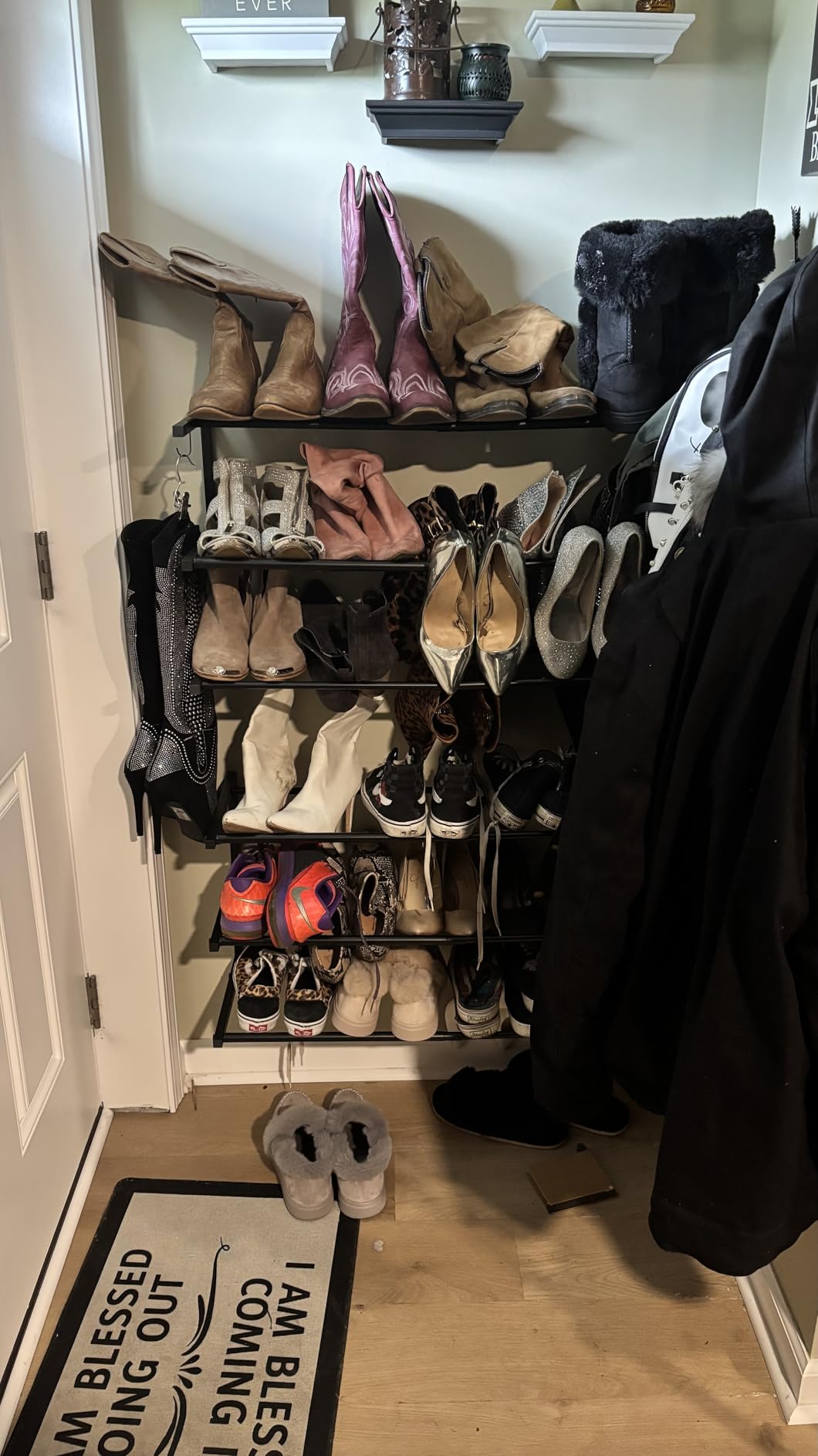 2 Pack Wall Mounted Shoe Rack, 3 Tier Hanging Shoe Rack Holds 24 Pairs, Adjustable Heavy Duty Wall Shoe Storage with 4 Storage Hooks customer photo 2