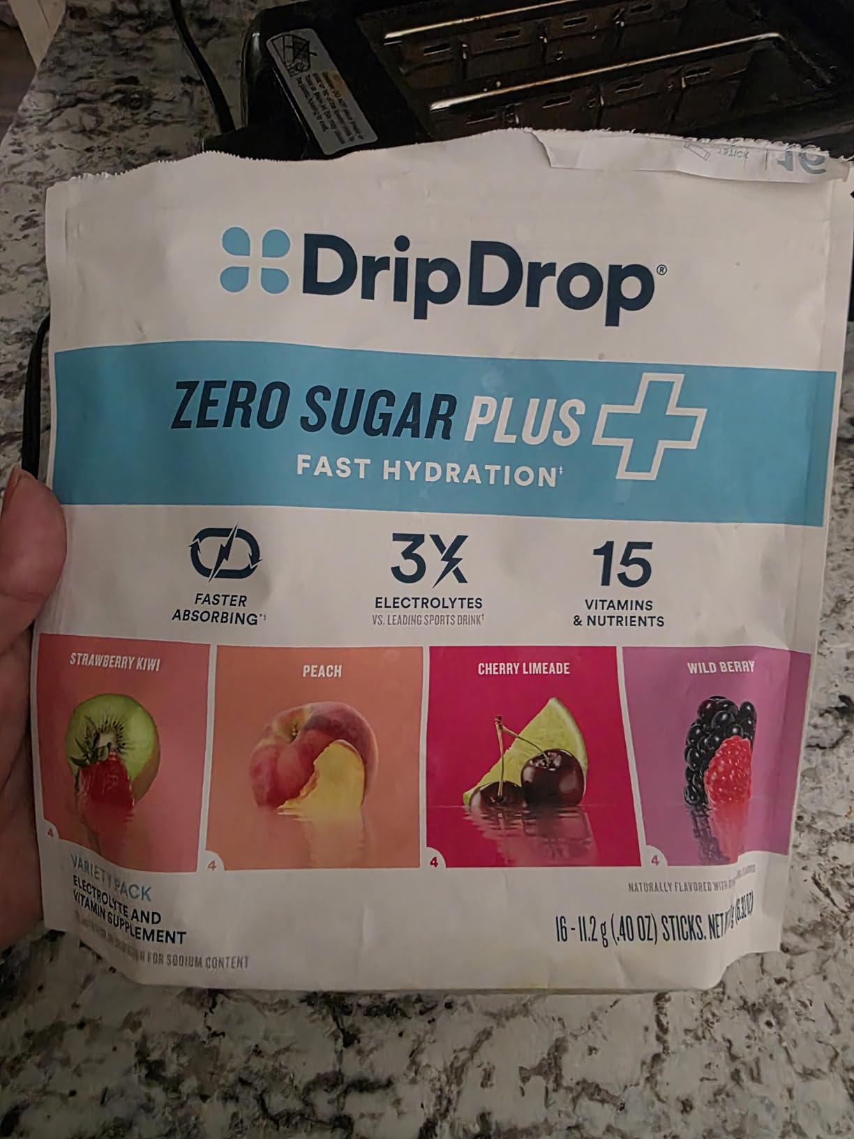 DripDrop Zero Sugar Plus - Sugar Free Hydration Packets - Single Serve Electrolytes Powder Drink Mix - Strawberry Kiwi, Peach, Cherry Limeade, Wild Berry - Non-GMO, Vegan - 16 Sticks customer photo 1