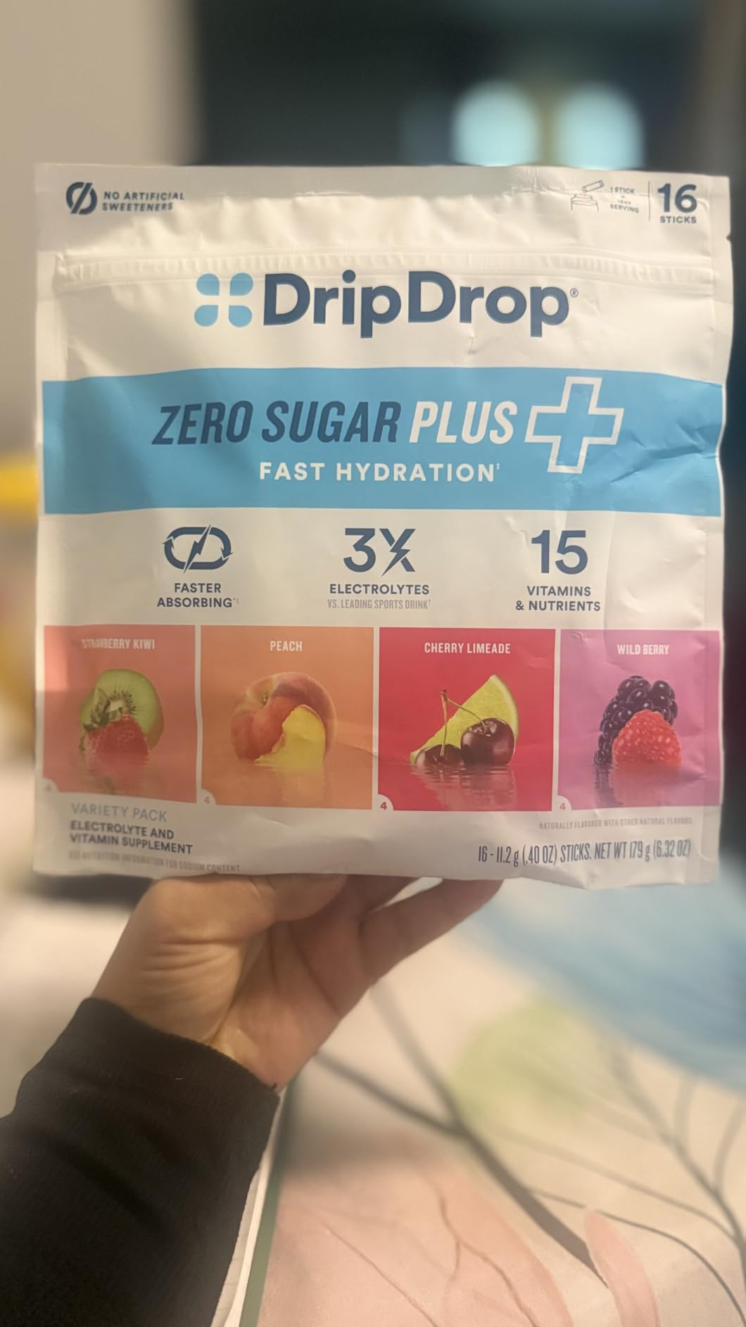DripDrop Zero Sugar Plus - Sugar Free Hydration Packets - Single Serve Electrolytes Powder Drink Mix - Strawberry Kiwi, Peach, Cherry Limeade, Wild Berry - Non-GMO, Vegan - 16 Sticks customer photo 2