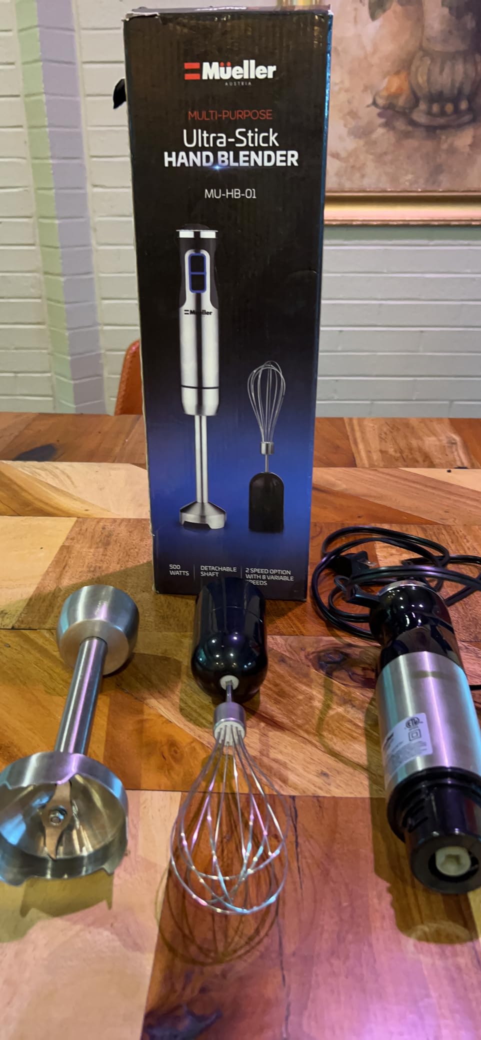 MuellerLiving Ultra-Stick Immersion Hand Blender, 500W Heavy Duty Motor, 8-Speed Turbo Setting, Includes Blending Shaft, Whisk, Milk Frother & Measuring Beaker customer photo 1