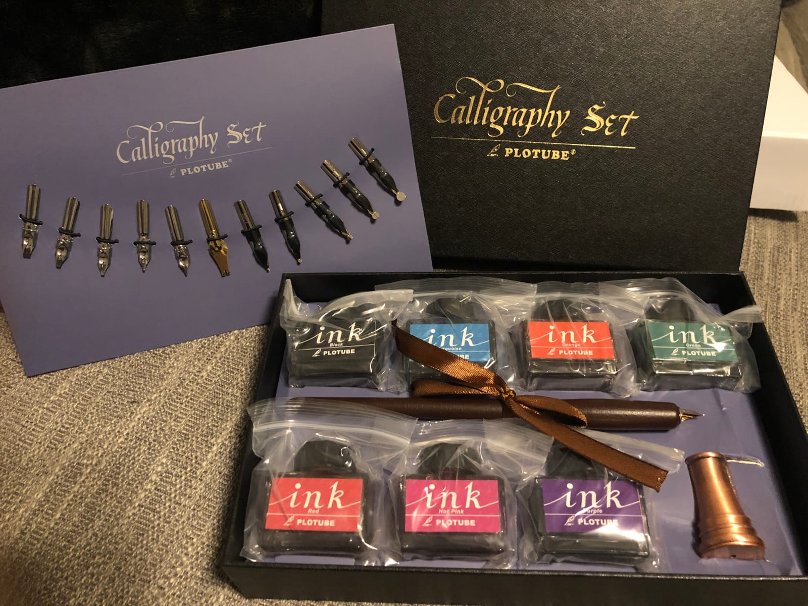 Plotube Calligraphy Pen Set, 11 Nibs, Black Ink, Pen Stand | Wooden dip pen for writing, 11 calligraphy pens nibs, 1 bottle of black ink, golden pen stand, beginners' manual customer photo 1