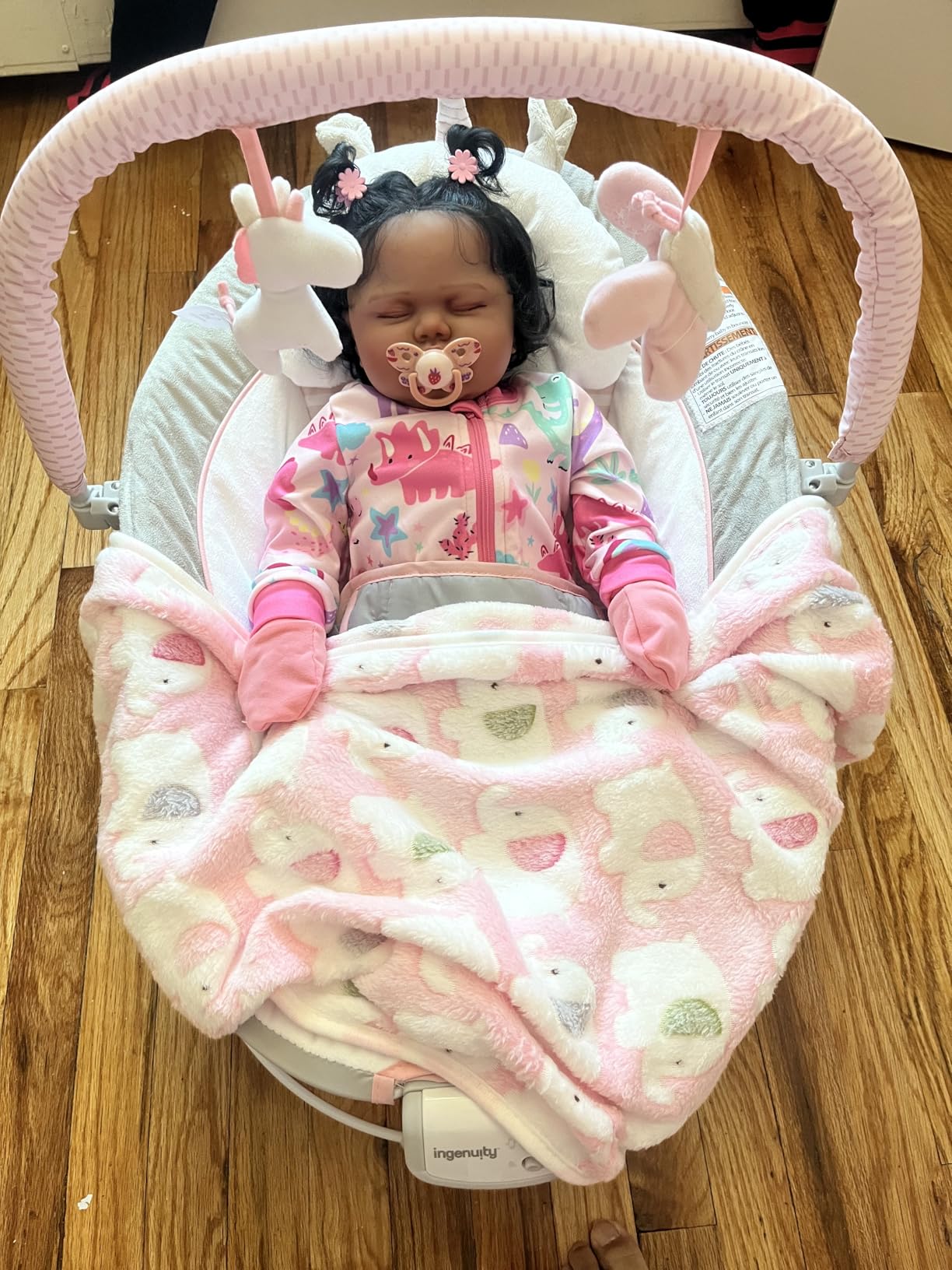 Ingenuity Soothing Baby Bouncer Infant Seat with Vibrations, -Toy Bar & Sounds, 0-6 Months Up to 20 lbs (Pink Flora the Unicorn) customer photo 2