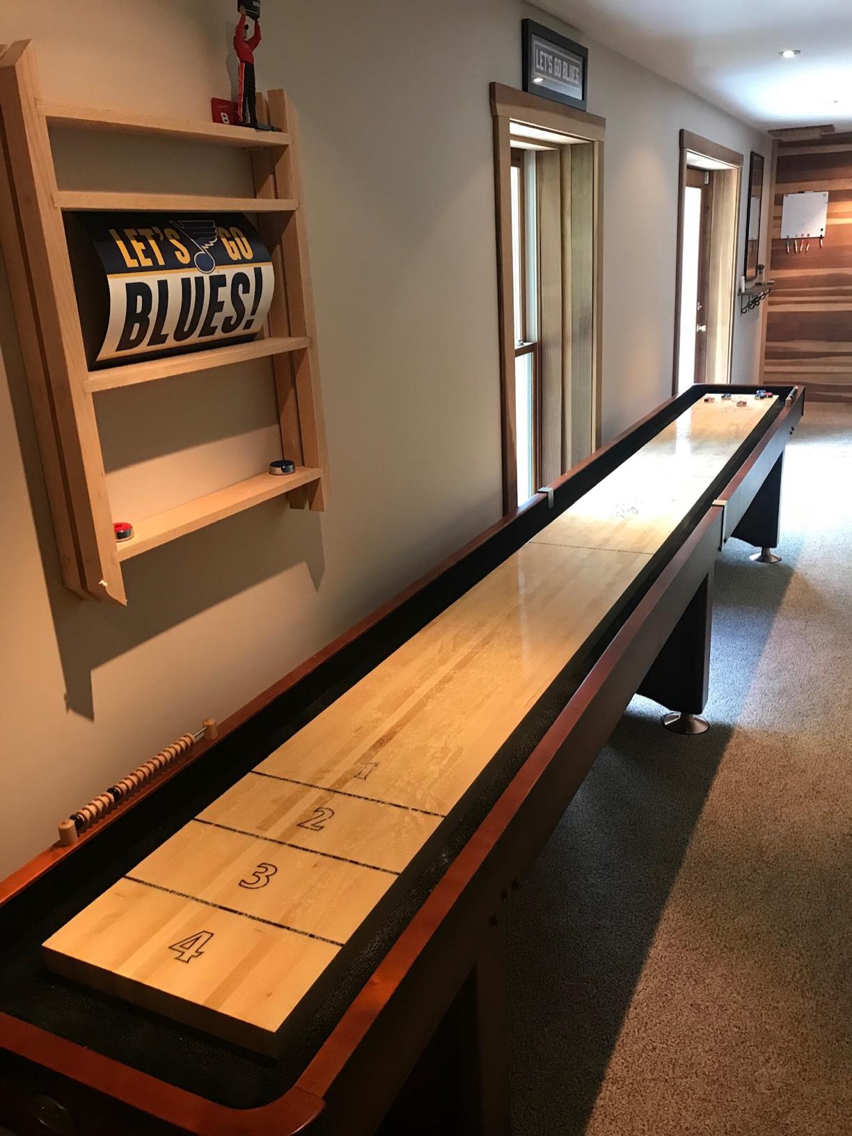 Playcraft Georgetown Shuffleboard Table with Storage Cabinet - Shuffle Board Game Table with Matching Abacus, 8 Pucks, Brush & Wax - Pro Climate Adjusters - Hand-Stained Burnished Finish customer photo 1