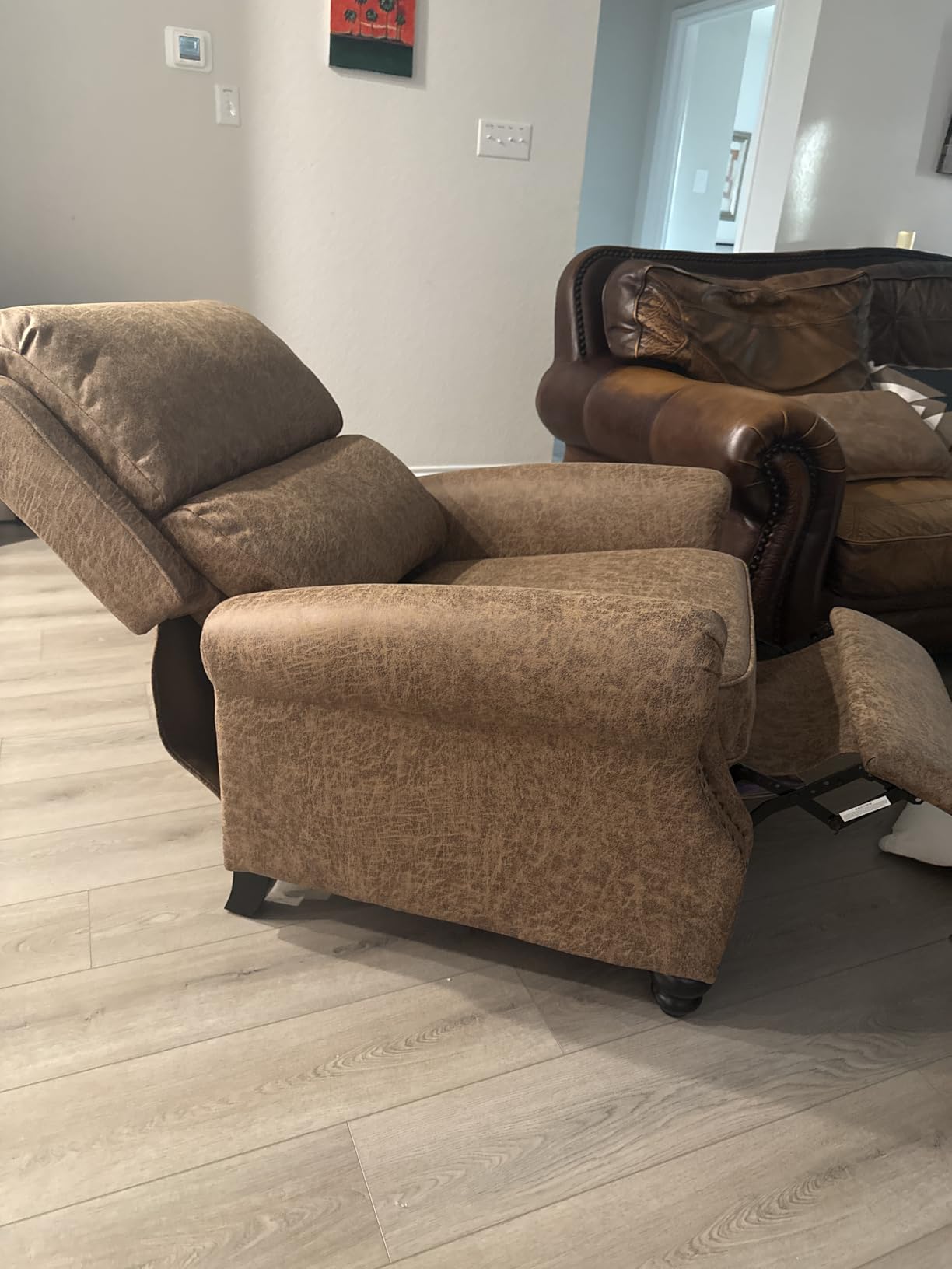 CANMOV Pushback Recliner Chair Faux Leather Armchair Push Back Recliner with Rivet Decoration Single Sofa Accent Chair for Living Room, Chocolate customer photo 1