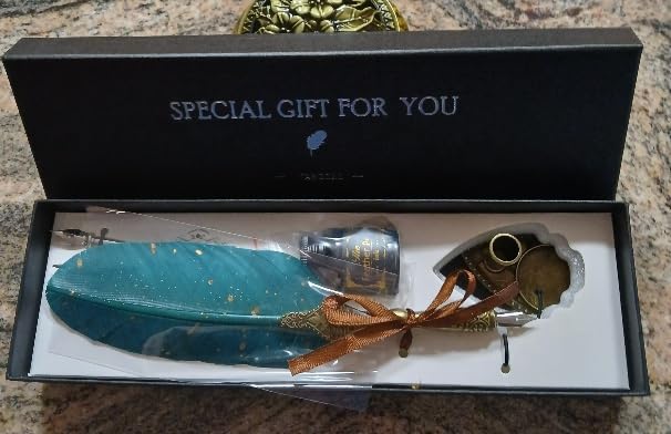 VANGOAL Vintage Green Feather Pen and Ink Set, Classic Series Goose Quill Pen with Carving Pen Stand, Calligraphy Pen Nibs, Black Dip Pen Ink, Antique Writing Gift for Writer customer photo 2