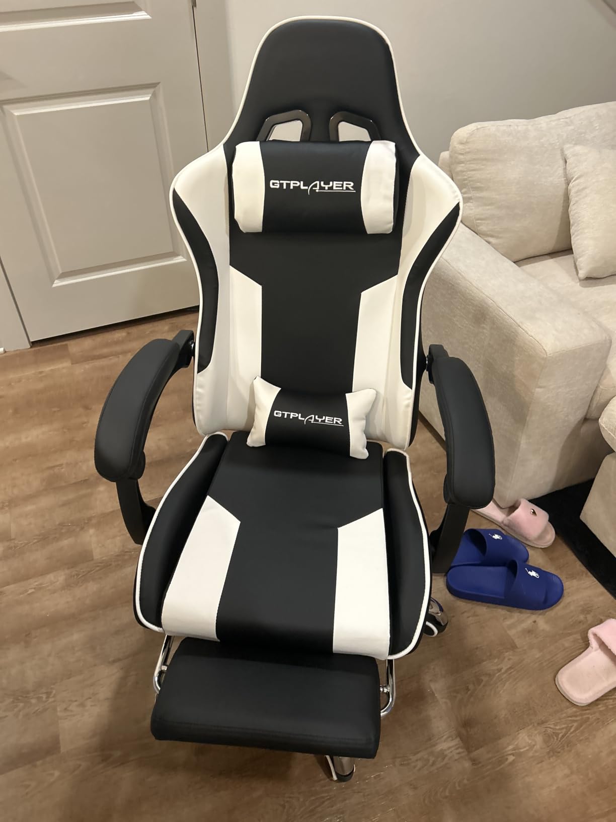 GTPLAYER Gaming Chair, Computer Chair with Footrest and Lumbar Support, Height Adjustable Game Chair with 360°-Swivel Seat and Headrest and for Office or Gaming (Faux Leather, Black) customer photo 2