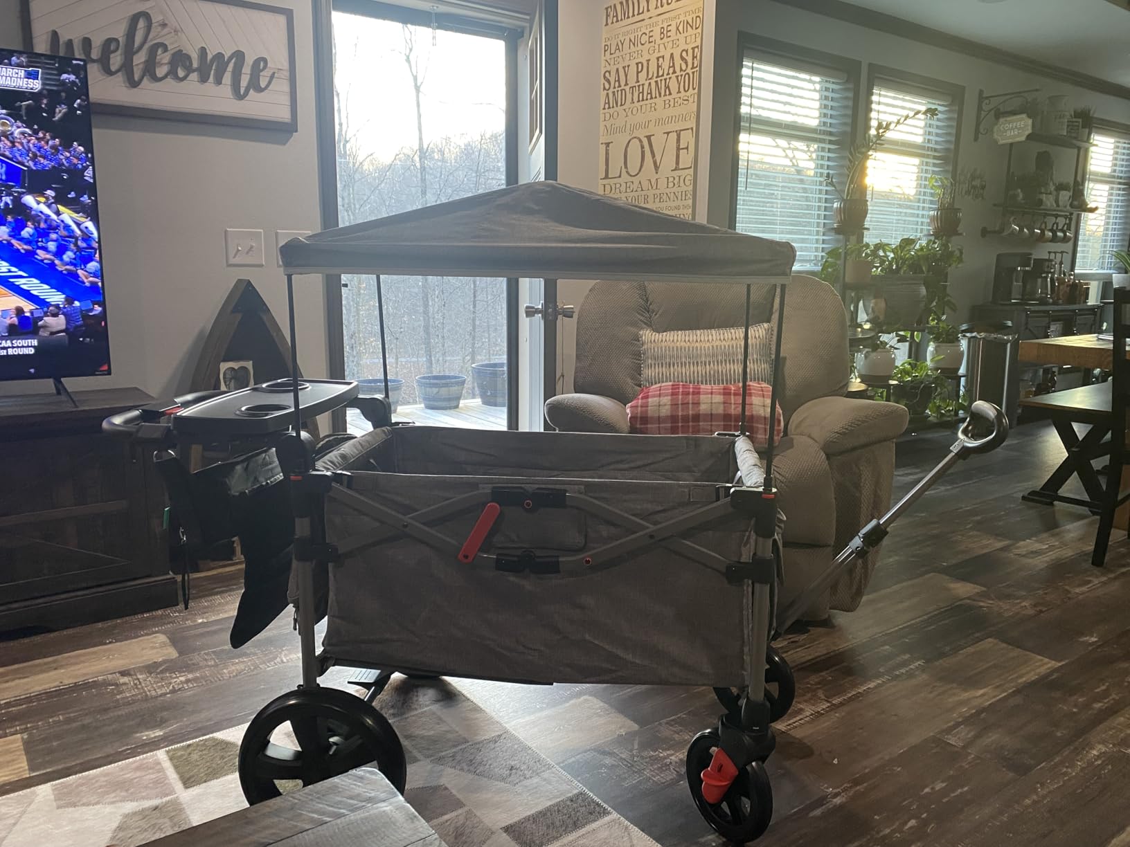 EVER ADVANCED Foldable Wagons for Two Kids & Cargo, Collapsible Folding Stroller with Adjustable Handle Bar,Removable Canopy with 5-Point Harness Gray customer photo 1