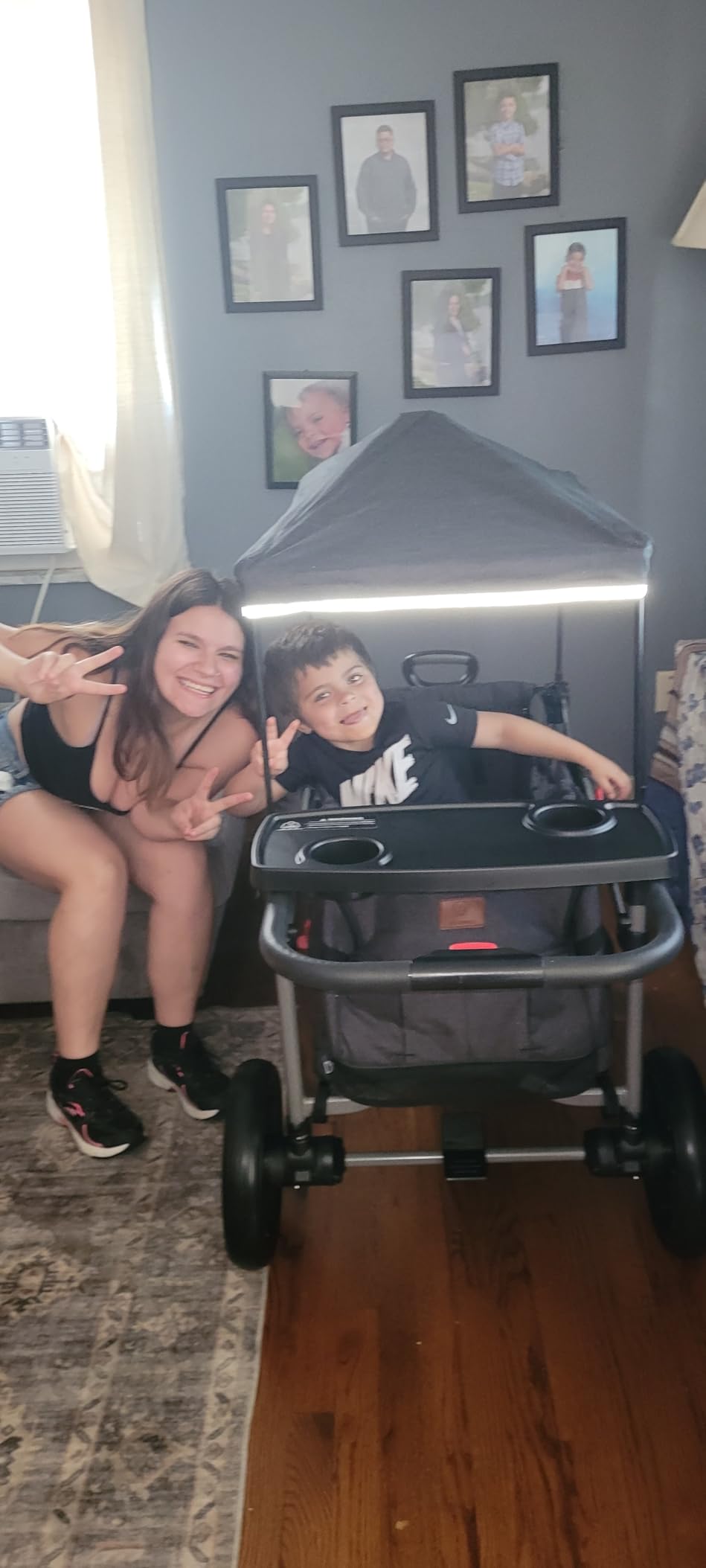 EVER ADVANCED Foldable Wagons for Two Kids & Cargo, Collapsible Folding Stroller with Adjustable Handle Bar,Removable Canopy with 5-Point Harness Gray customer photo 2