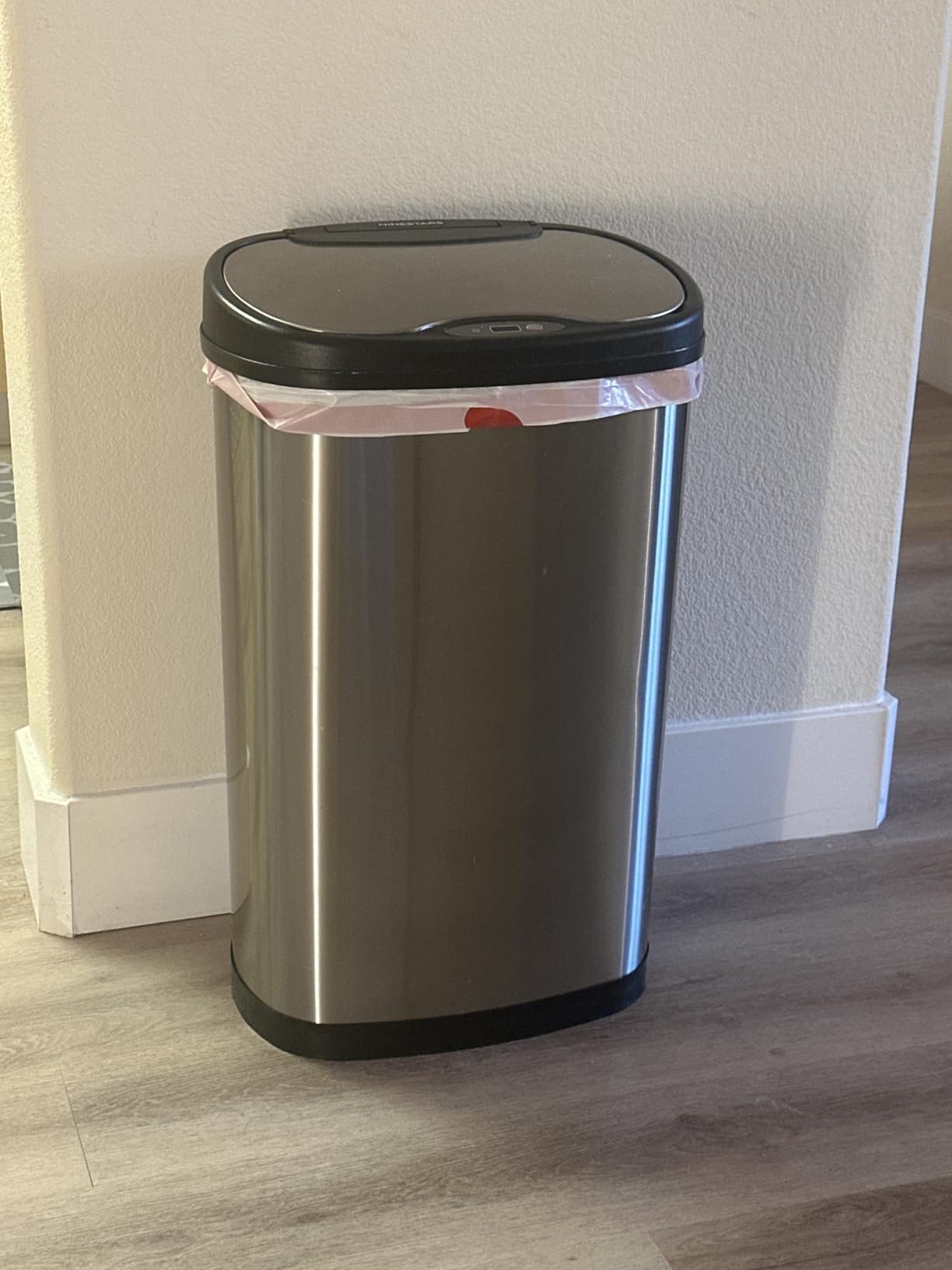 Ninestars 13 Gallon Oval Automatic Trash Can, 50L Touchless Motion Sensor Garbage Can with Odor-Sealing Lid & One-Touch Manual Mode, Silver Stainless Steel, Black Trim customer photo 2