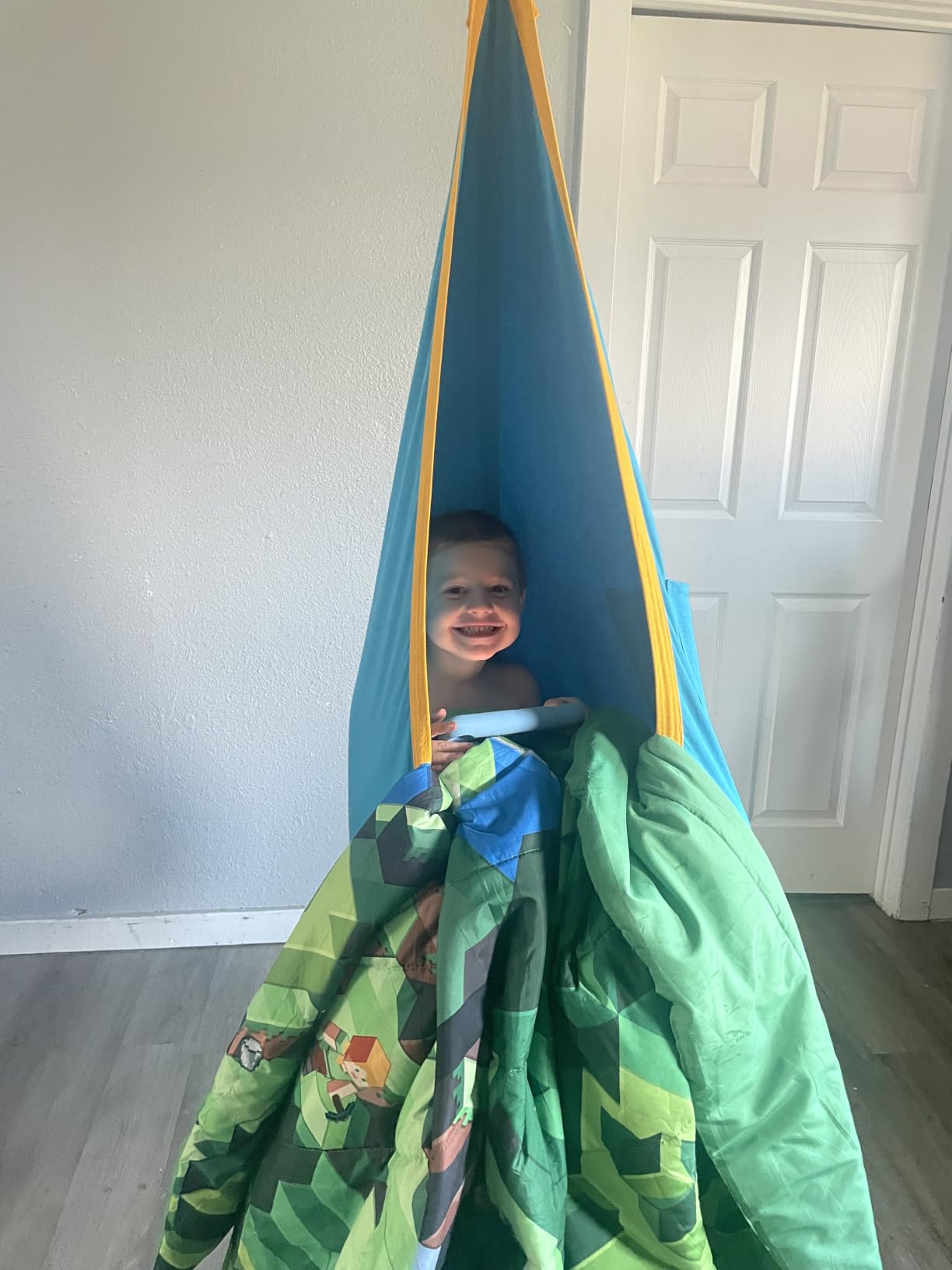 Y- STOP Pod Swing for Kids, Sensory Indoor Hanging Hammock Chair with Inflatable Pillow Sensory Cocoon Pod Swing Seat for Kids with Pocket for Indoor and Outdoor Blue and Green customer photo 1