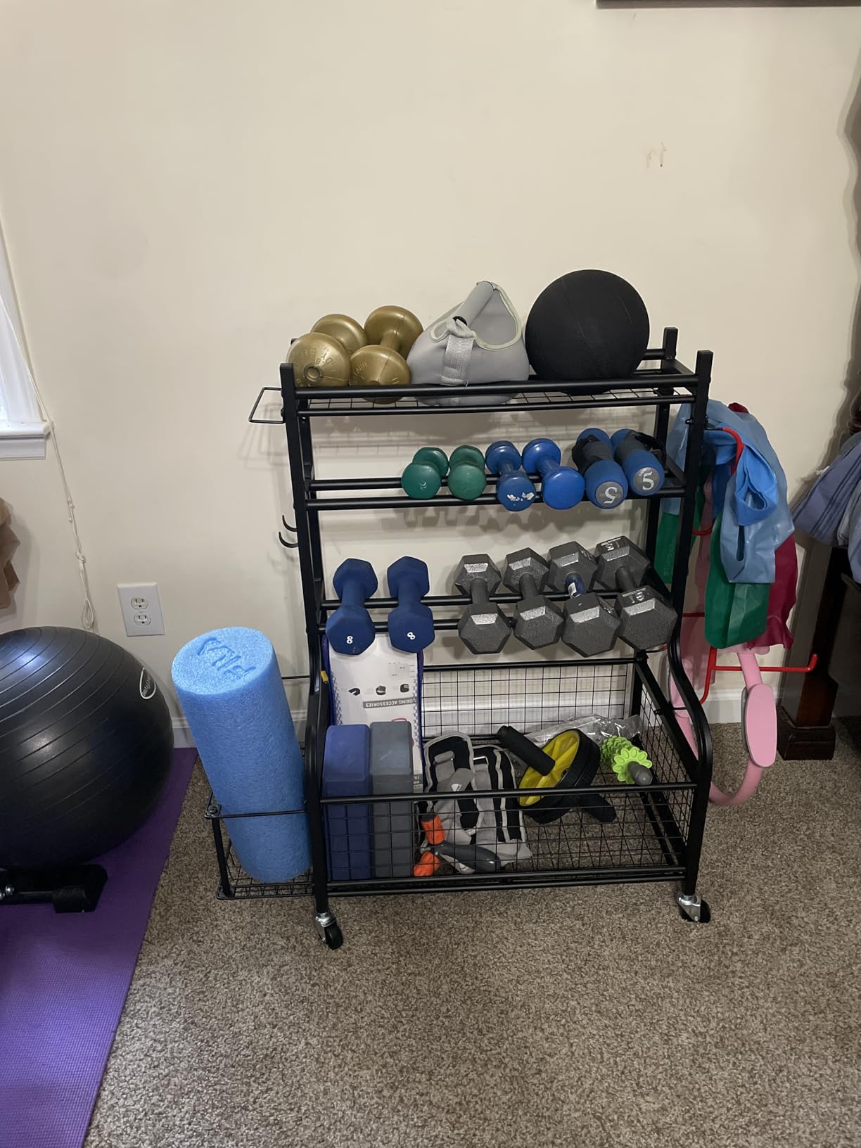 PLKOW Dumbbell Rack, Weight Rack for Dumbbells, Home Gym Storage for Dumbbells Kettlebells Yoga Mat and Balls, All in One Workout Storage with Wheels and Hooks, Powder Coated Finish Steel customer photo 2