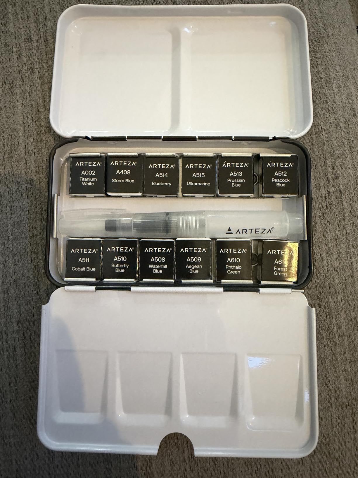 ARTEZA Watercolor Paint Set, 12 Ocean Colors, Half Pans in Travel Tin | Water Brush and Swatch Sheet Included, Built-In Mixing Palette customer photo 1