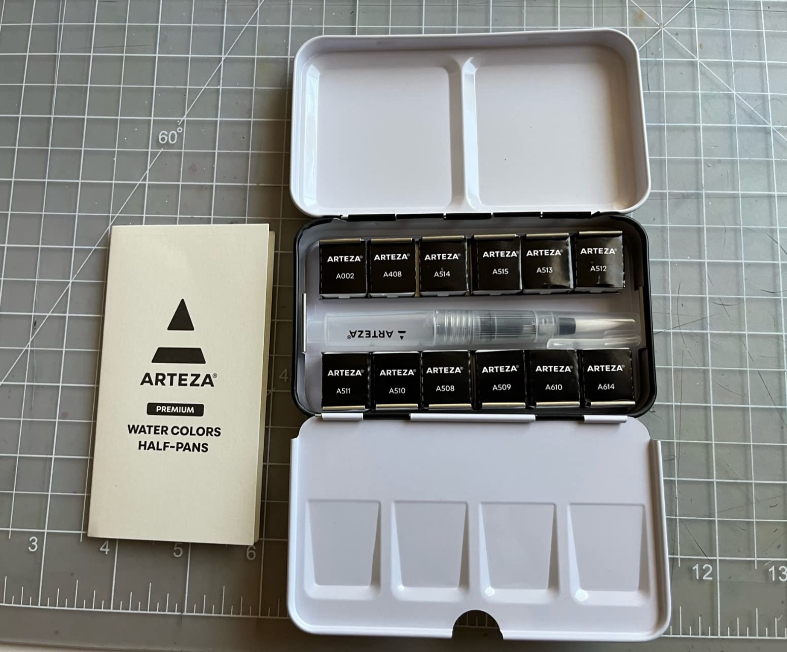 ARTEZA Watercolor Paint Set, 12 Ocean Colors, Half Pans in Travel Tin | Water Brush and Swatch Sheet Included, Built-In Mixing Palette customer photo 2
