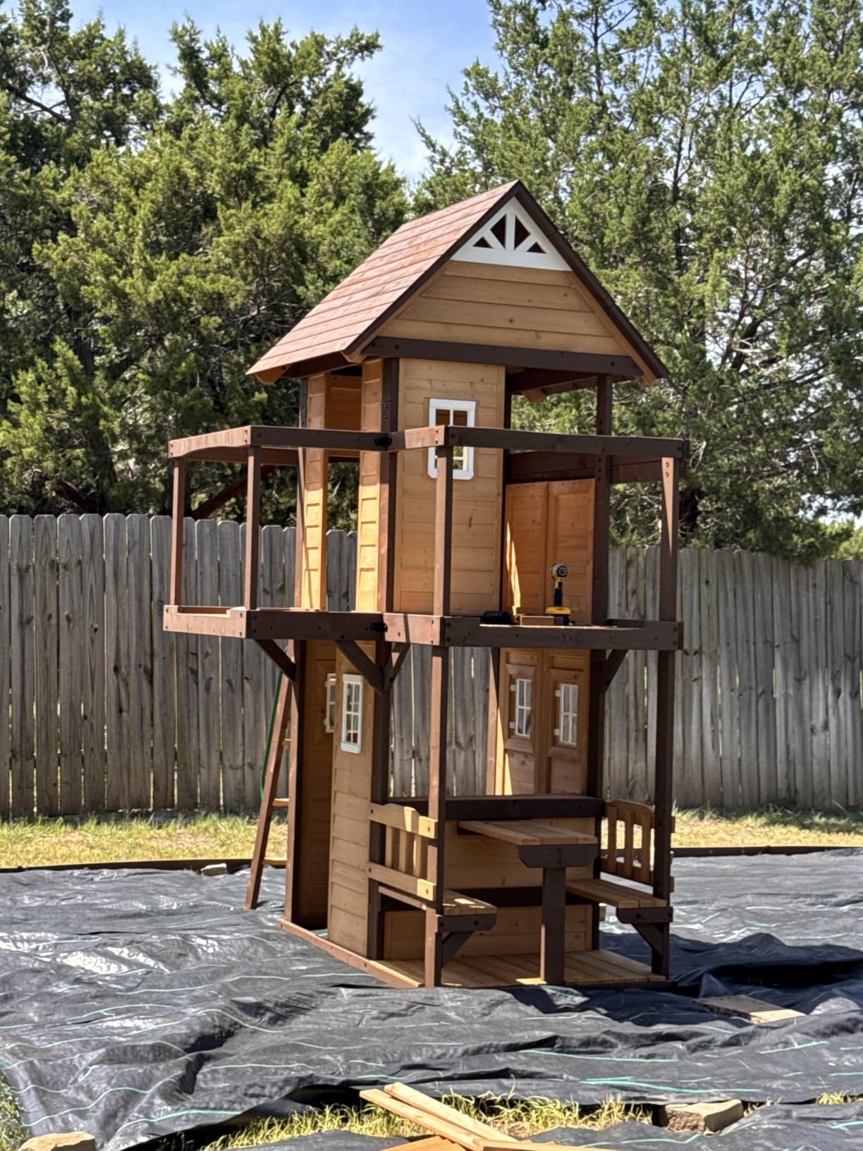 Backyard Discovery Canyon Creek Cedar Wood Swing Set with Wave Slide, Clubhouse, Play Kitchen, Picnic Area, Belt Swings, Web Swing, Rock Wall, Balconies, Playhouse, Step Ladder, Outdoor Playset customer photo 1