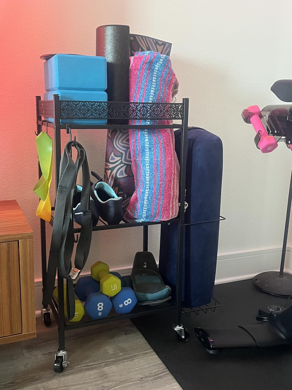 VOPEAK Home Gym Storage Rack, 3-Tier Yoga Mat Storage with Wheels & Hooks customer photo 1