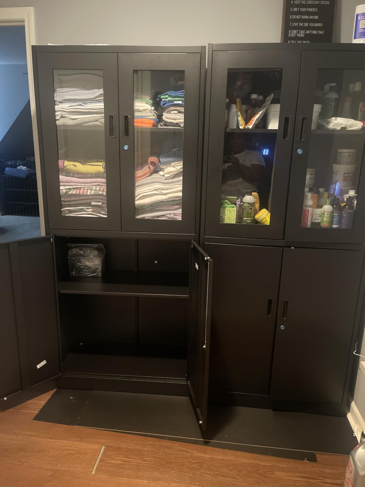 PEUKC Display Cabinet with Glass Doors, 71 Inches Metal Display Case with 4 Adjustable Shelves, Curio Storage Cabinet with Lock for Home, Office, Book, Pantry, Assemble Required (White) customer photo 2