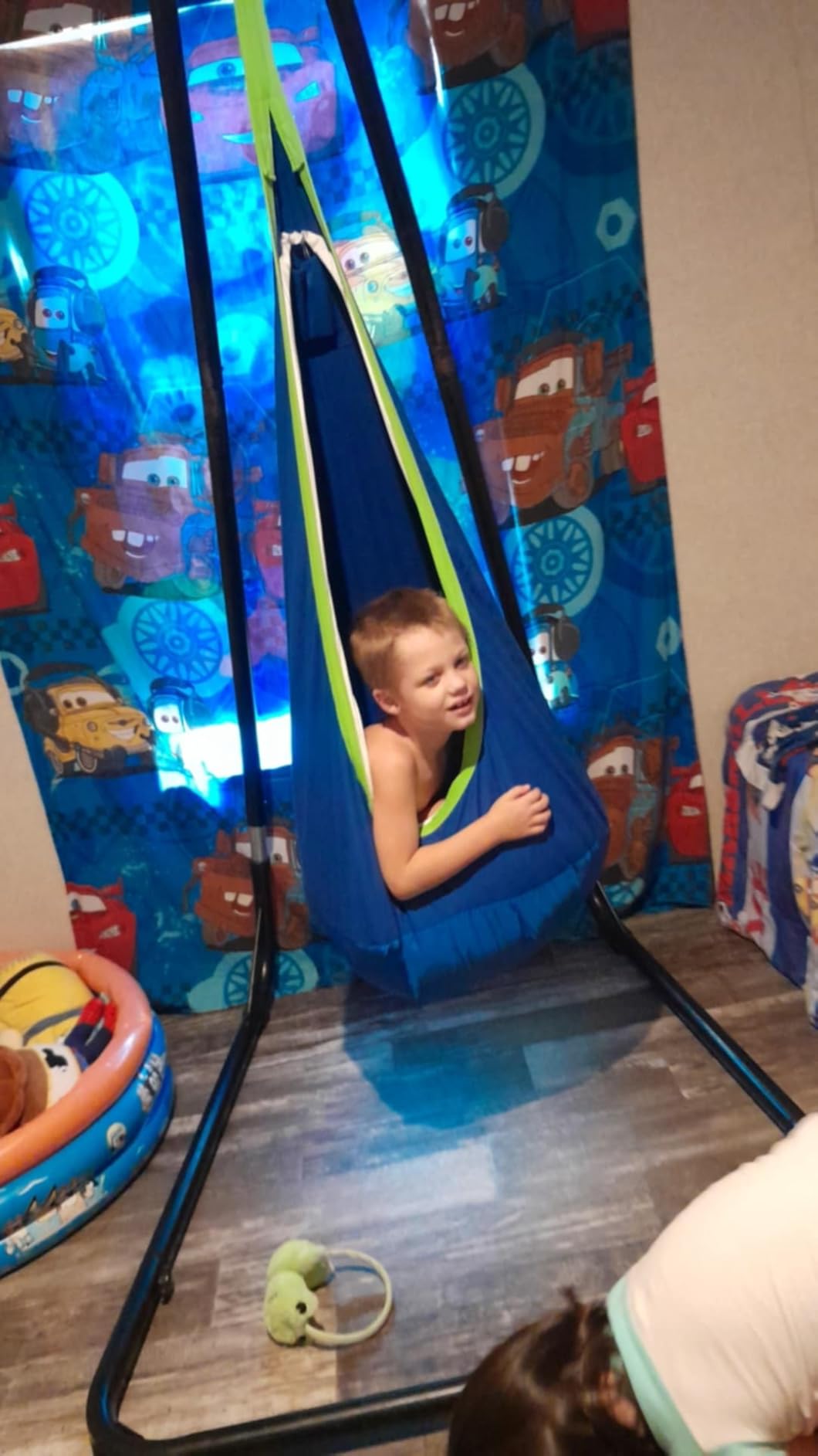 Light Up Kids Pod Swing Seat, Upgraded Kids Hanging Hammock Swing with LED Lights, Cotton Sensory Pod Swing Chair with Inflatable Pillow, Pod Swing for Kids Indoor & Outdoor (1 PCS) (Blue) customer photo 2