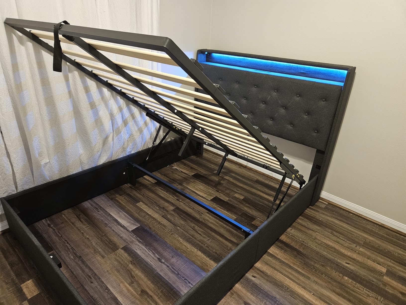 Queen Lift Up Storage Bed Frame w/Charging Station & LED Lights, Dark Grey customer photo 1