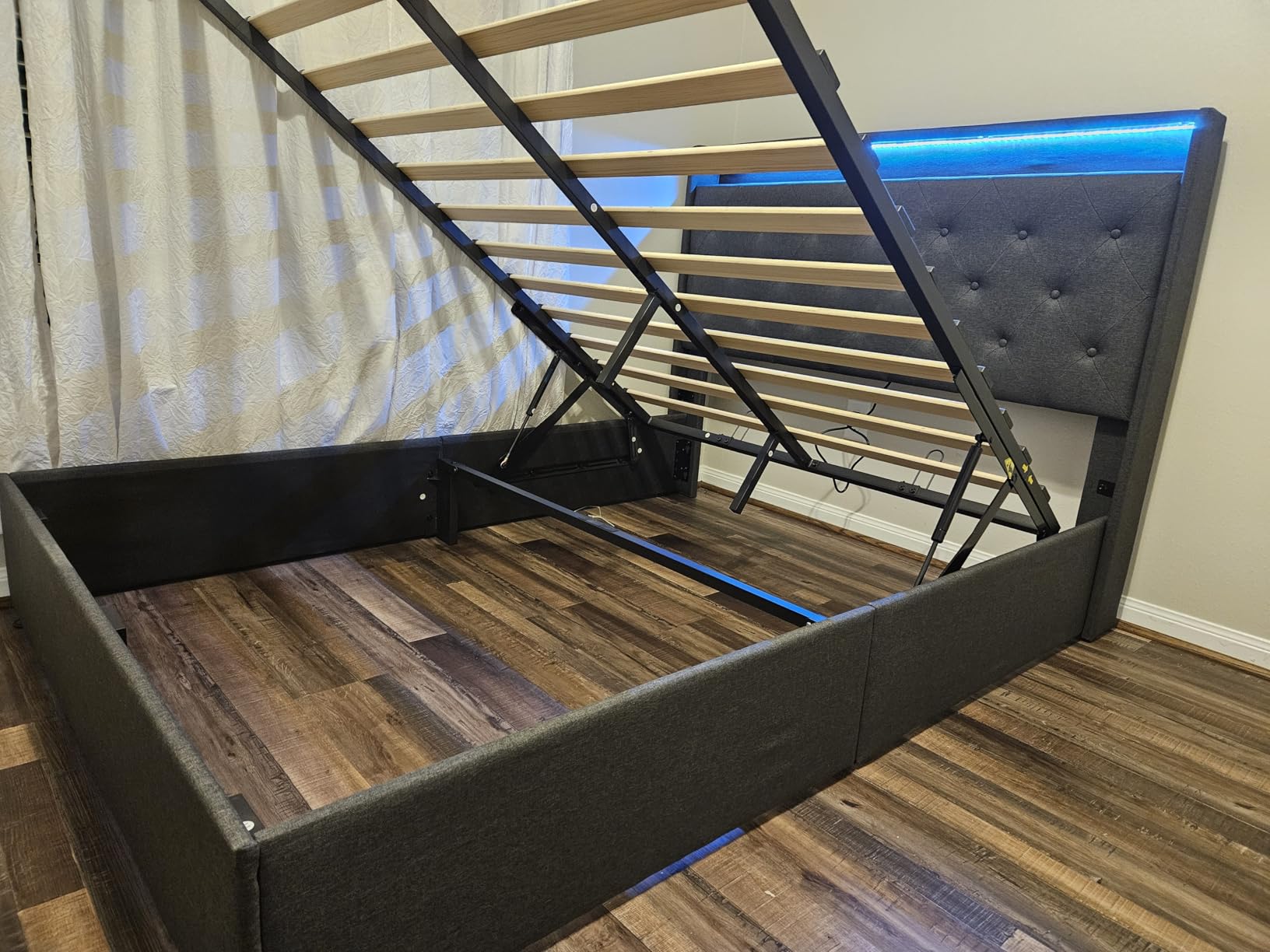 Queen Lift Up Storage Bed Frame w/Charging Station & LED Lights, Dark Grey customer photo 2