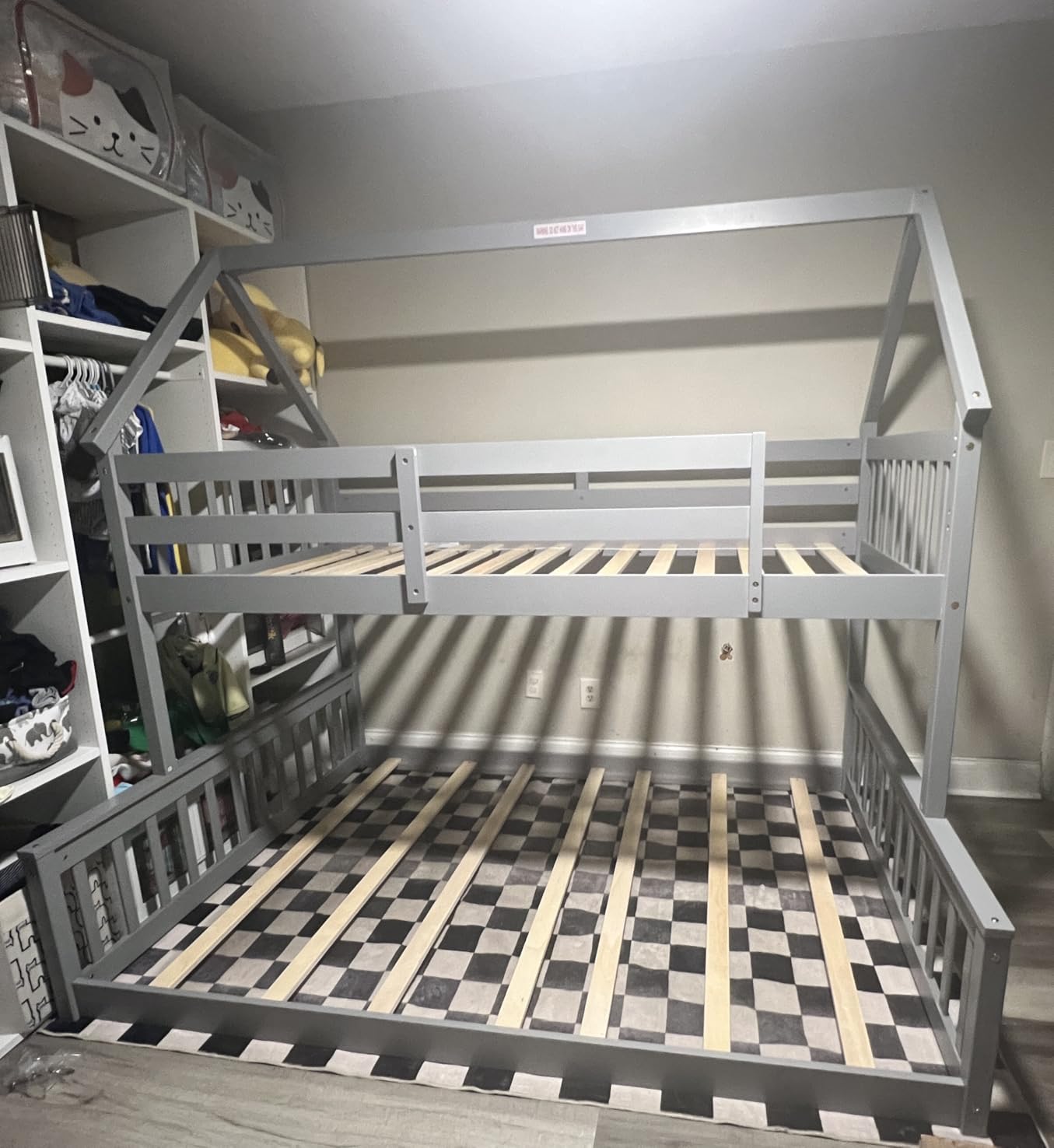 KOMFOTT Wood Twin Over Full House Bunk Bed with Built in Ladder, Solid Pine Wood Bunk Bed Frame with Safety Guardrails, House Bunk Bed Frame for Kids, Teens, Juniors, No Box Spring Needed (Grey) customer photo 1
