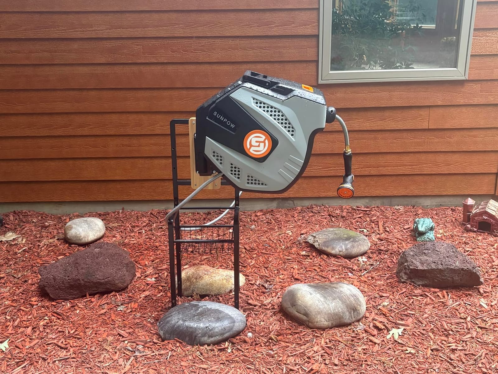 SUNPOW Retractable Garden Hose Reel - 1/2 inch x 50ft Heavy Duty Wall Mounted Hose Reel with 3/4 inch Brass Fitting & 10 Sprayer Nozzle - Any Length Lock, Auto Rewind System, 180°Swivel Bracket- Grey customer photo 2
