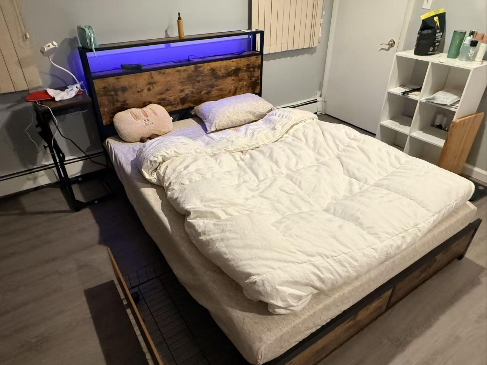 Lifezone Queen Bed Frame with 2-Tier Storage Headboard, Metal Platform Bed Frame with 4 Storage Drawers, Built in Charging Station & LED, Noise-Free/Metal Support/No Box Spring Needed, Rustic Grey customer photo 2
