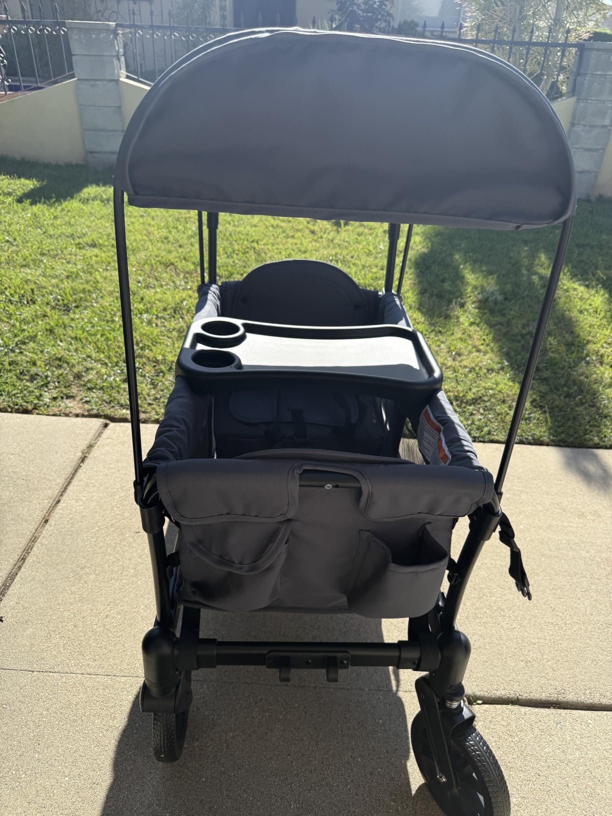 ELEMARA Foldable Wagon Stroller, Stroller Wagon for 2 Kids, Premium All Terrain Wagon for Kids with Removable Canopy, Adjustable Push/Pull Handle, Harnesses, Large Storage Bag, Black customer photo 2