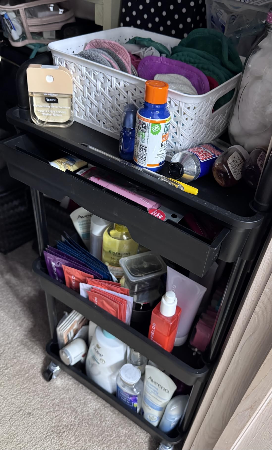 Goovilla 3 Tier Rolling Utility Cart Organizer with Removable Drawer, Black | Stable and Sturdy Rolling Storage Carts with 2 Lockable Wheels for Bathroom, Kitchen, Snack, Craft, Makeup, Baby Essentials customer photo 2