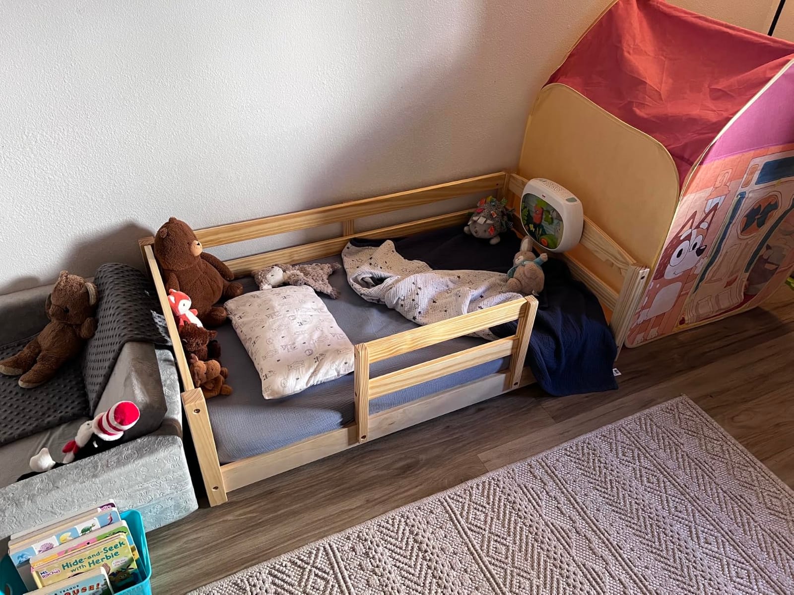 Ocodile Toddler Bed with Rails | Low Montessori Floor Bed Frame for Kids | Standard Crib Size Wooden Frame for Independent Toddlers 1-3 - Gray customer photo 1