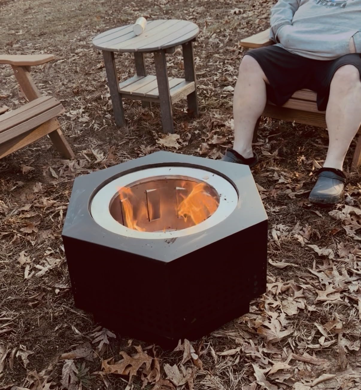 SUNJOY Smokeless Fire Pit 28-Inch Hexagonal Firepit for Outdoor, Stainless Steel Wood Burning Fireplace with Removable Ash Pan, PVC Cover and Fire Poker, Ideal for Camping, Bonfire, Backyard, Black customer photo 2