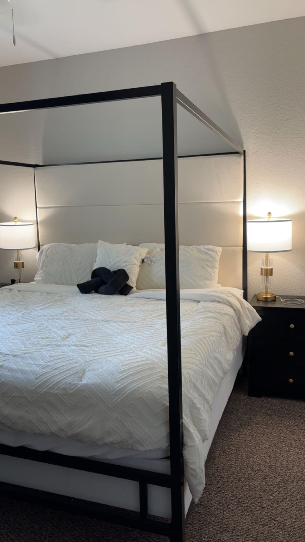 LUMISOL Queen Size Metal Canopy Bed Frame with Headboard, Gold 4-Poster Canopy Bed with Tall Linen Upholstered, Box Spring Needed, Easy Assembly, Gold + Tan customer photo 1