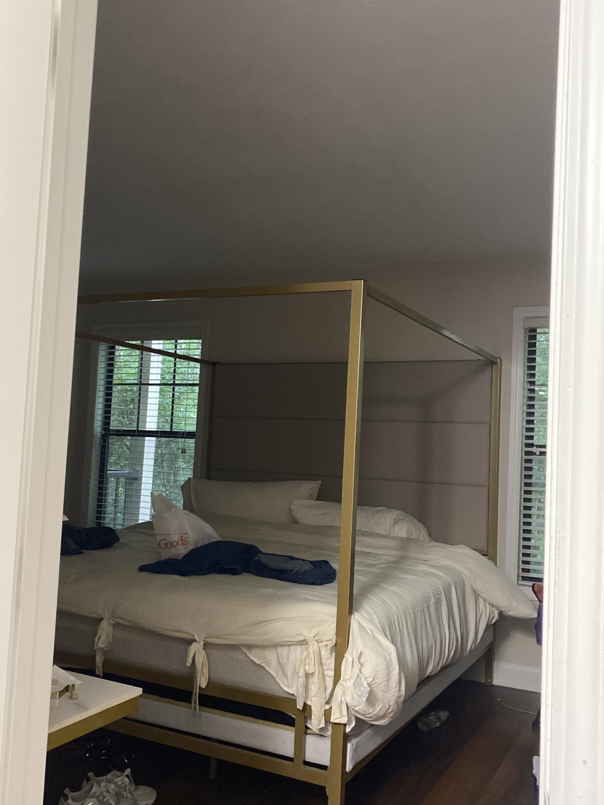 LUMISOL Queen Size Metal Canopy Bed Frame with Headboard, Gold 4-Poster Canopy Bed with Tall Linen Upholstered, Box Spring Needed, Easy Assembly, Gold + Tan customer photo 2