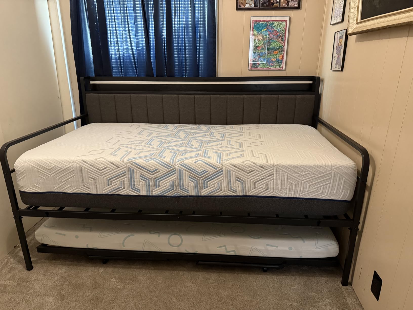 Daybed with Trundle and LED Light, Heavy Duty Metal Full Bed Frame with Upholstered Storage Headboard & Charging Station, Day Bed Pop Up Trundle Bed for Living Room,Bedroom and Guest Room, Brown customer photo 1