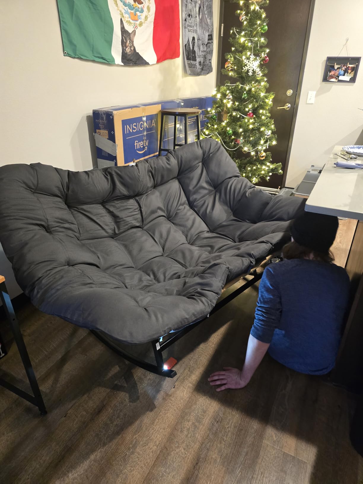NICESOUL Double Wide Rocking Papasan Chair Outdoor Indoor for 2, PE Wicker Patio Rocking Chair with Cushion and Frame, Heavy Duty Big Comfy Lounge Chair for Porch, Balcony & Living Room, Grey customer photo 1