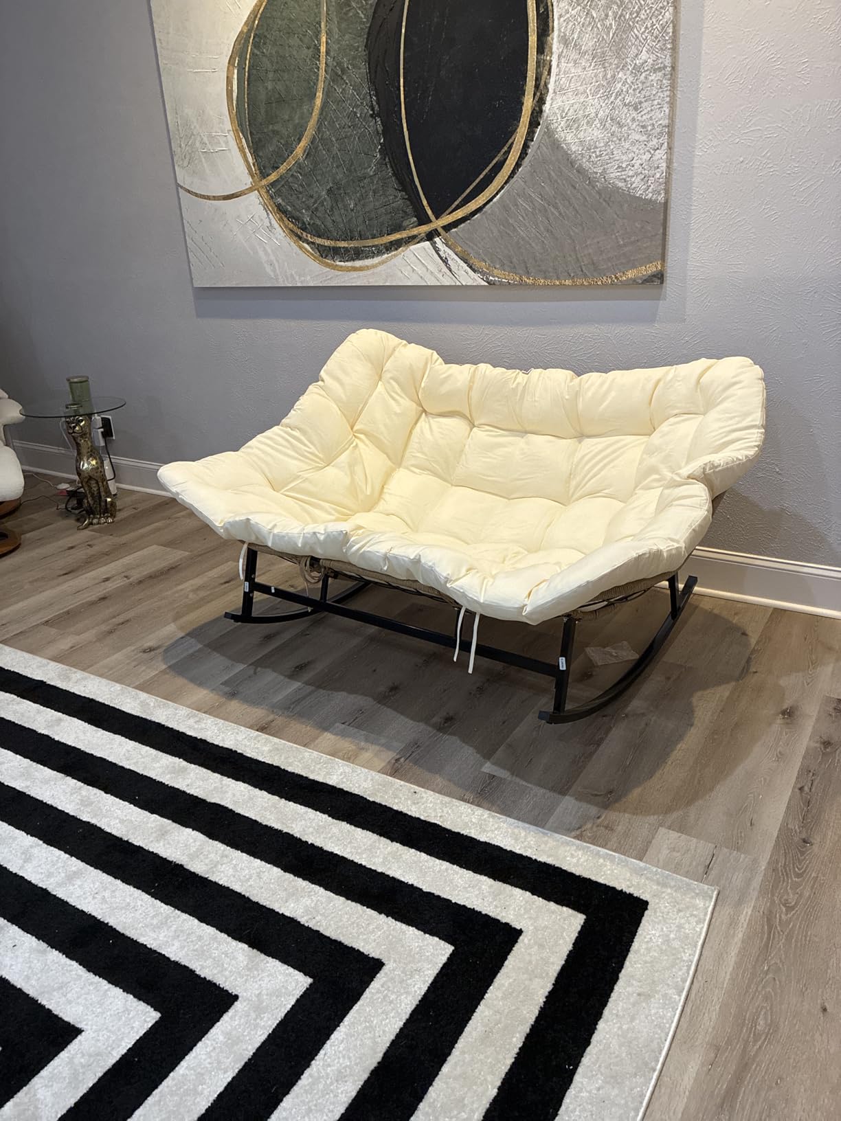 NICESOUL Double Wide Rocking Papasan Chair Outdoor Indoor for 2, PE Wicker Patio Rocking Chair with Cushion and Frame, Heavy Duty Big Comfy Lounge Chair for Porch, Balcony & Living Room, Grey customer photo 2