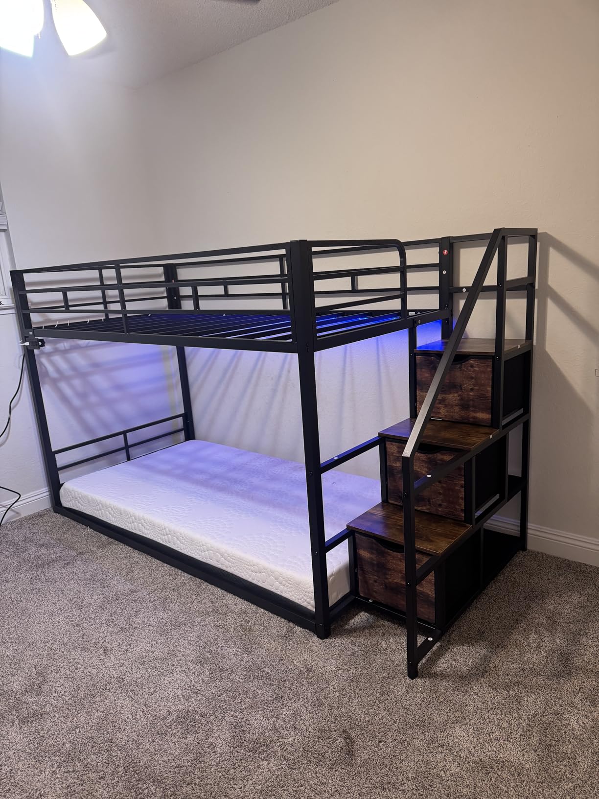 ADORNEVE Low Bunk Bed Twin Over Twin with Storage Staircase, Black customer photo 2