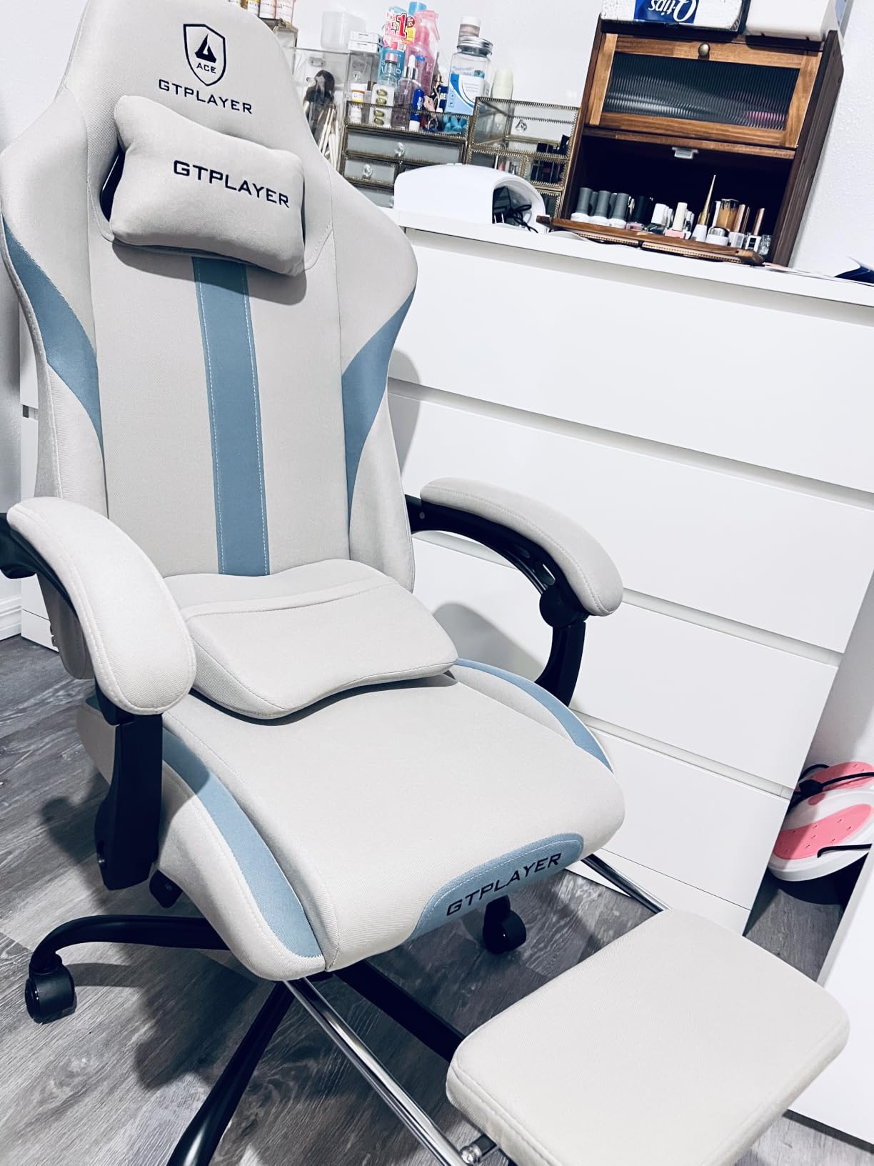 GTPLAYER Gaming Chair with Foot Rest & Pocket Spring Cushion, Ergonomic High Back Computer Desk Chair with Headrest & Lumbar Support for Back Pain Relief, Breathable Fabric, Mist-Blue customer photo 1