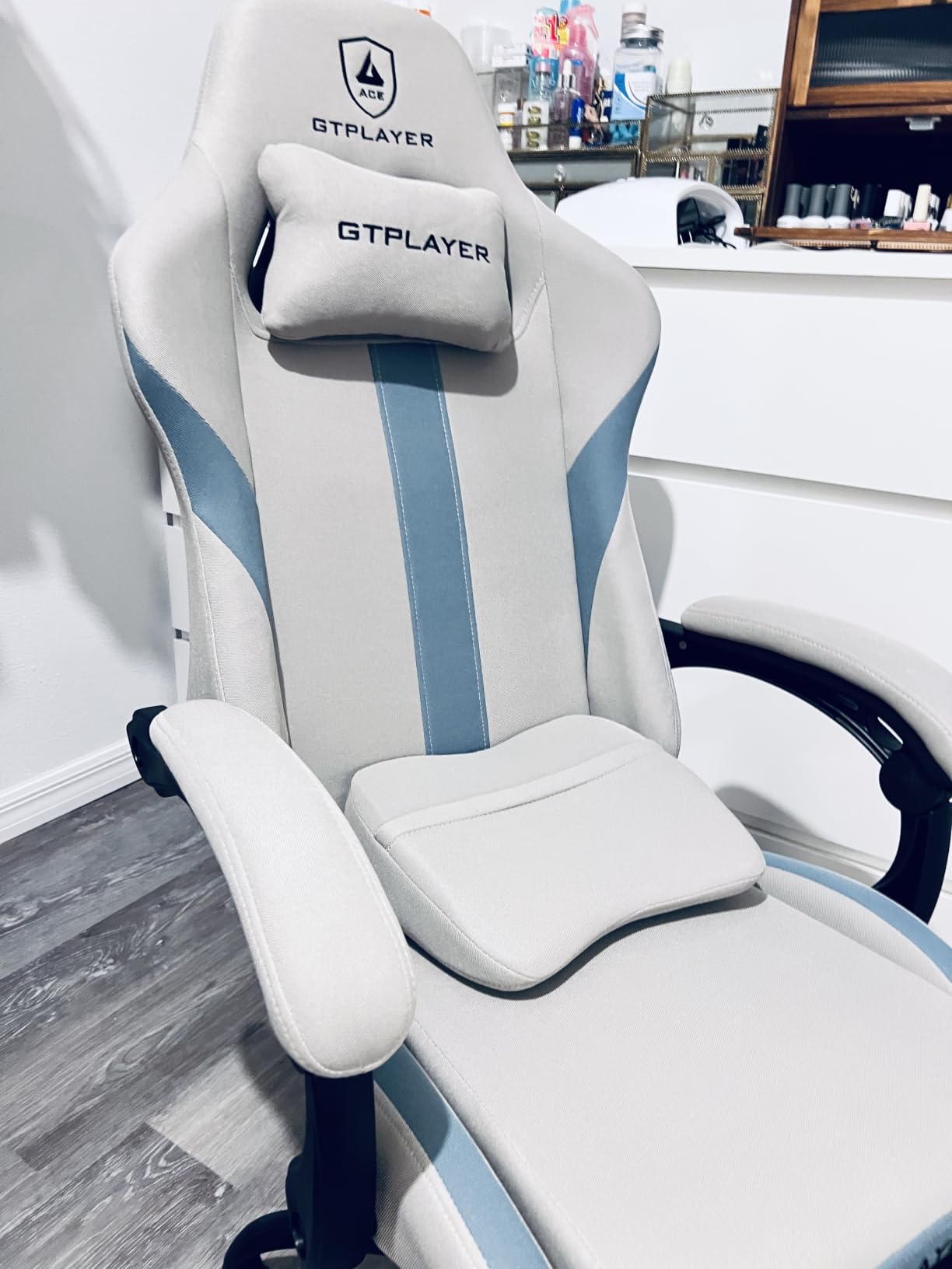 GTPLAYER Gaming Chair with Foot Rest & Pocket Spring Cushion, Ergonomic High Back Computer Desk Chair with Headrest & Lumbar Support for Back Pain Relief, Breathable Fabric, Mist-Blue customer photo 2