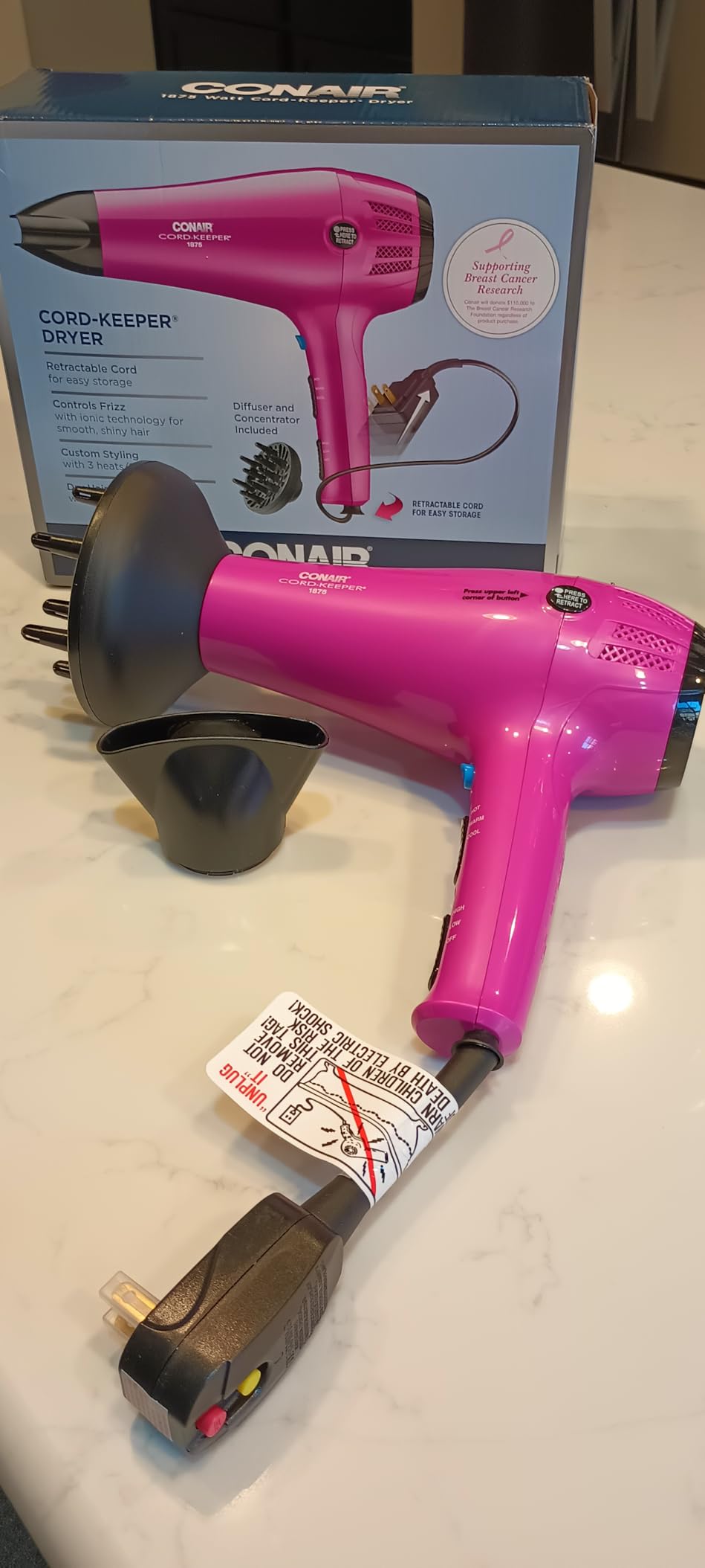 Conair Hair Dryer with Diffuser & Concentrator, 1875W, Matte Light Pink customer photo 1