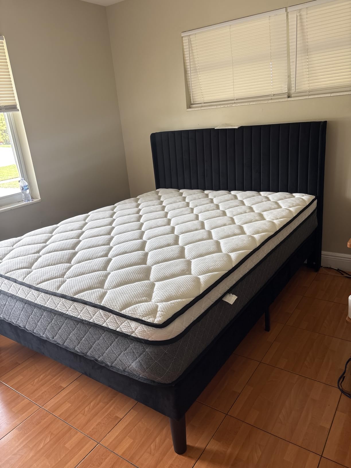 Allewie Queen Size Velvet Bed Frame/Vertical Channel Tufted Wingback Headboard/Upholstered Platform Bed/Strong Wooden Slats/No Box Spring Needed/Easy Assembly/Cream White customer photo 1