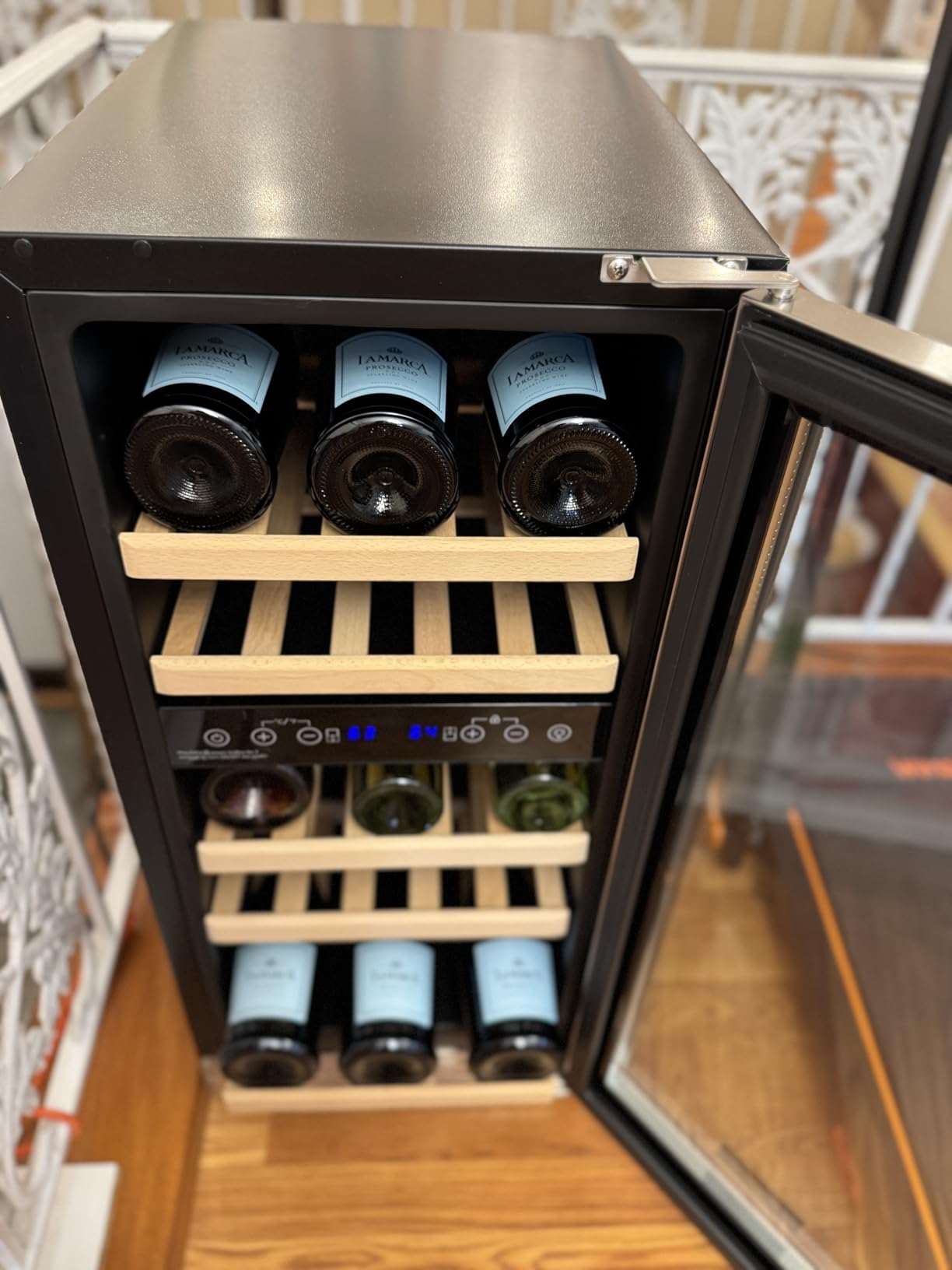 BODEGA 15 Inch Wine Fridge, 30 Bottle Dual Zone Wine Cooler, 41-72℉ Compressor Wine Refrigerator with Tempered Glass Door, Built-in or Freestanding Wine Cooler for Home Kitchen Bar (3.2 cu.ft). customer photo 2