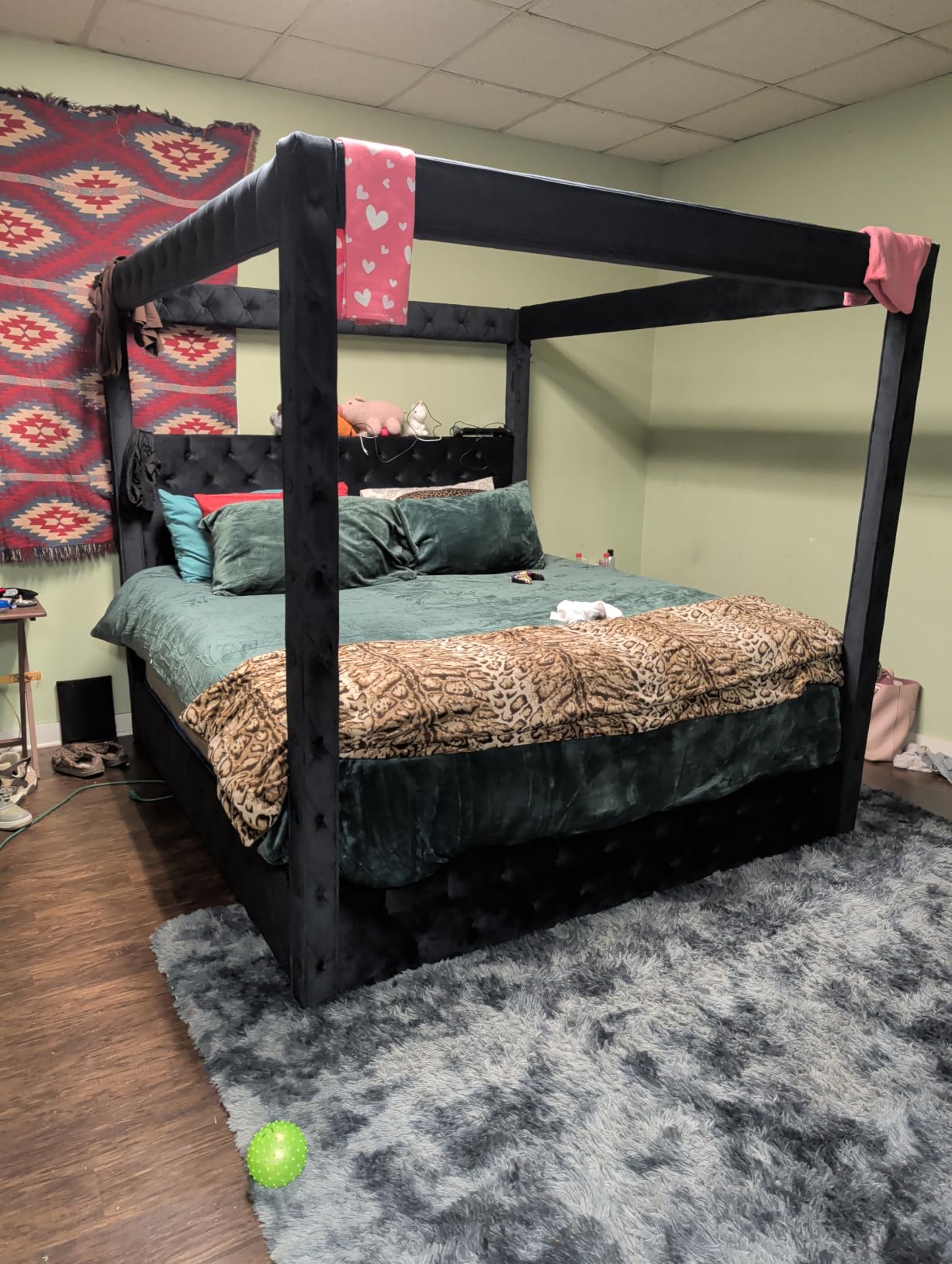 Jocisland Queen Canopy Bed Frame Velvet Upholstered Headboard, Grey customer photo 2