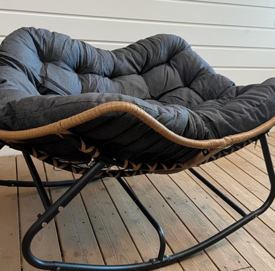 SWITTE Papasan Rocking Chair, Outdoor Wicker Egg Rocker with Cushion, Grey customer photo 1