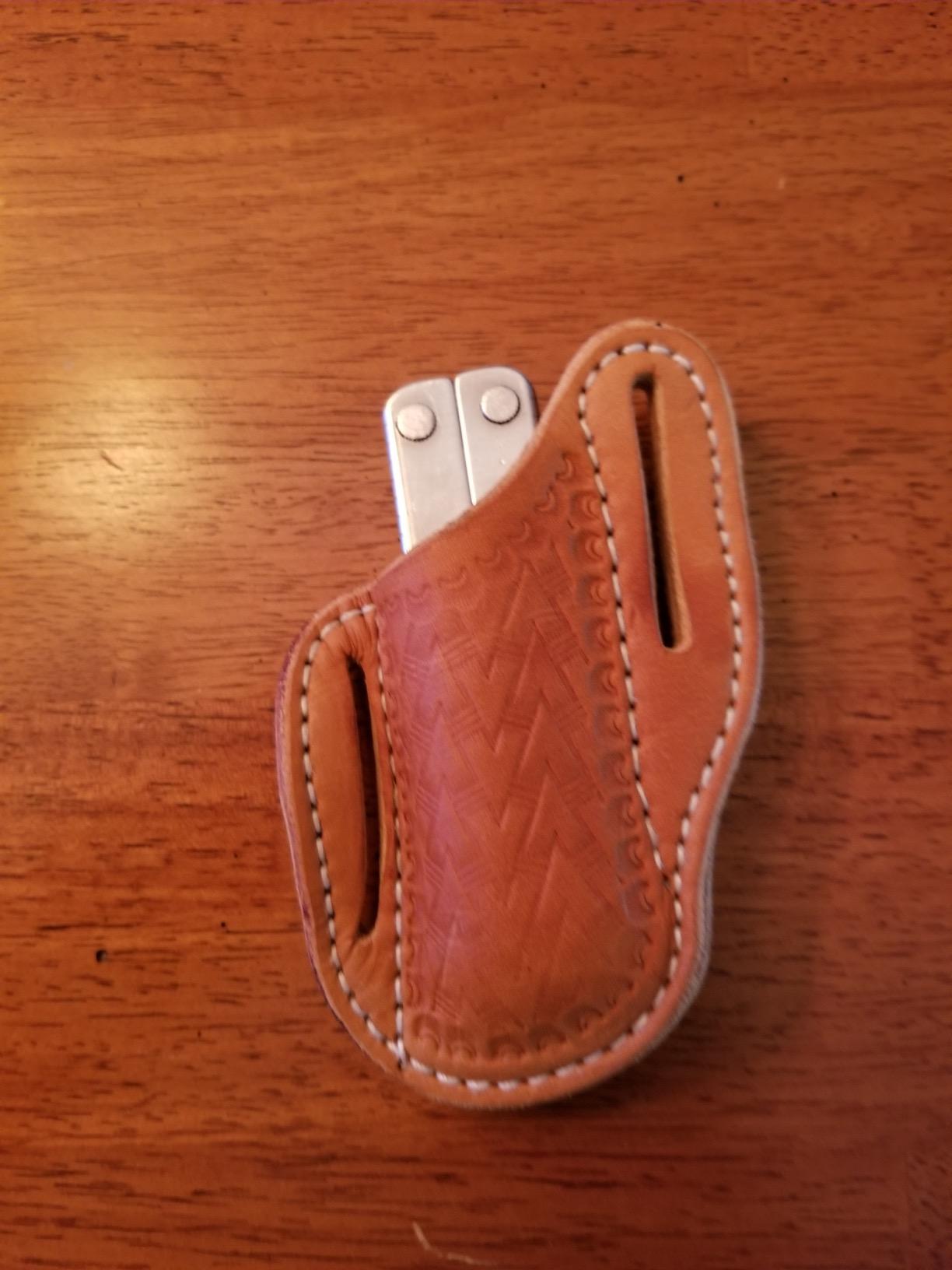 Leather Sheath, Slanted Pancake/ Tooled /Belt /Trapper Knife Sheath,TAN customer photo 2