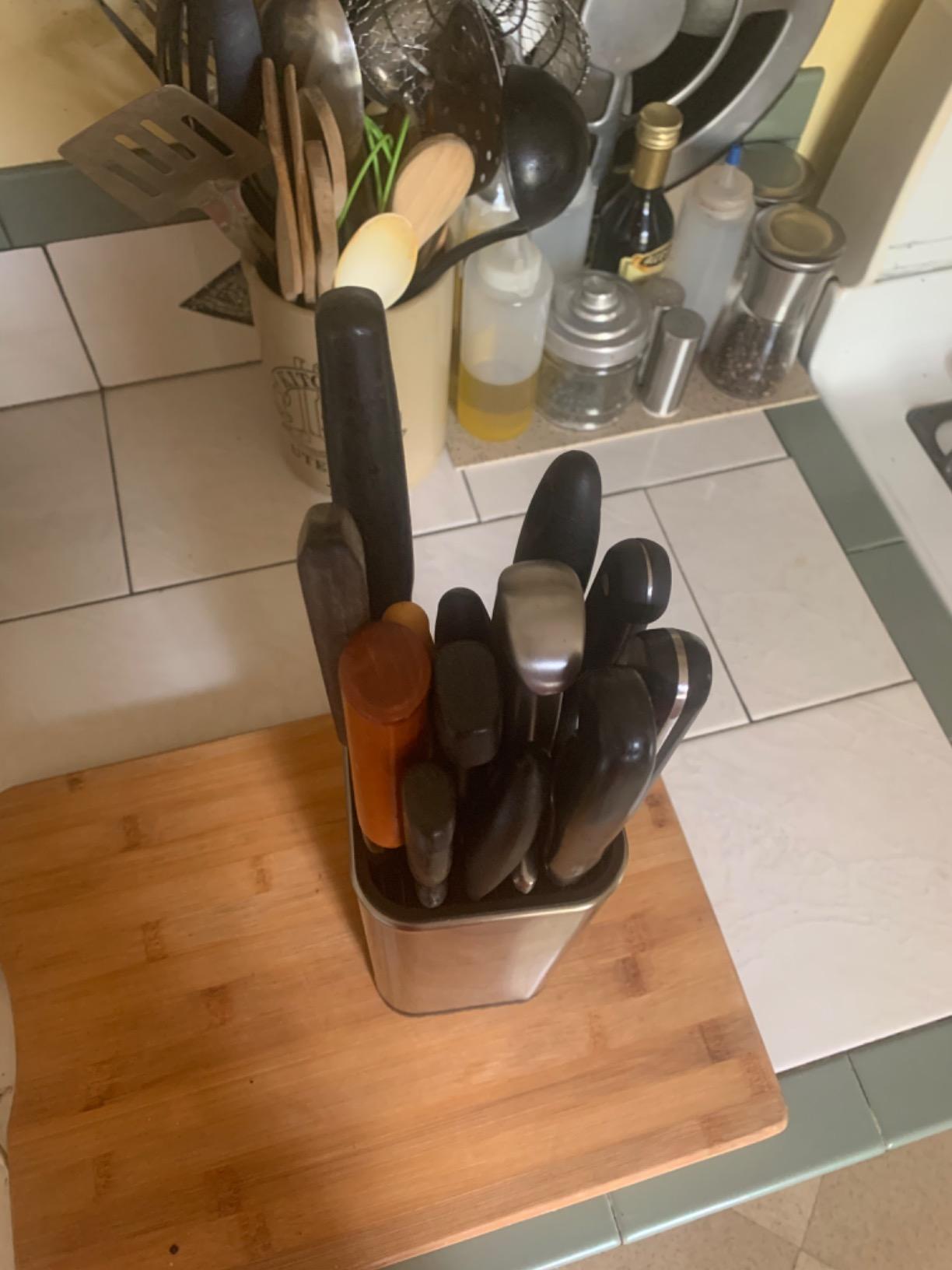 Laxinis World Universal Knife Block, Stainless-Steel Modern Rectangular Design with Scissors-Slot, Knife Holder Counter-top Storage, Holds 12 8”-Blade Knives, 9.1” by 4”(knives not included) customer photo 2